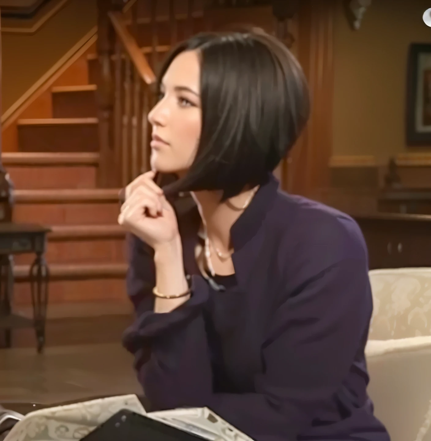 Beautiful young woman, bob cut, center part, thick hair, beautiful face, hyper detailed, perfect eyes, anatomically correct, photo realistic, smooth, video game cutscene, best quality, highres, 16k, high quality, high details, super detail, anatomically correct,  focus on woman, UHD, HD, award winning, very clear, vivid, sharp image