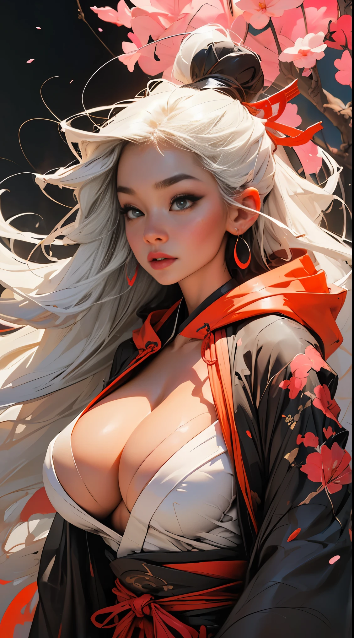 (masterpiece, top quality, best quality, official art, beautiful, cosmic, atmospheric, psychedelic, dreamlike, shinto shrine and aesthetic:1.2), (1girl, platinum white hair, beautuful highly detailed Harajuku-inspired hooded kimono, tons of tattoos and piercings, super huge enormously gigantic nude tits and nipples exposed, cleavage showing, gigantic tits bursting out of her kimono), extreme detailed,(fractal art:1.3),colorful,highest detailed, cherry blossoms blowing in the wind, swirling psychedelic cosmic dreamlike graffiti patterns 