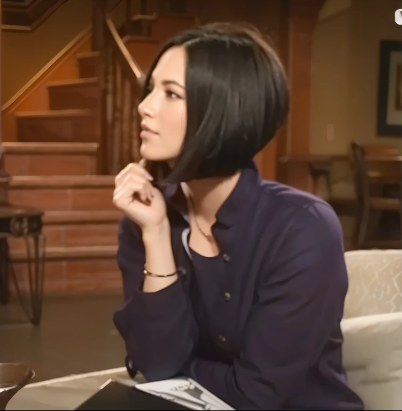Beautiful young woman, bob cut, center part, thick hair, beautiful face, hyper detailed, perfect eyes, anatomically correct, ((Simple Background)), photo realistic, smooth, video game cutscene, best quality, highres, 16k, high quality, high details, super detail, anatomically correct, UHD, HD, award winning, very clear, vivid, sharp image