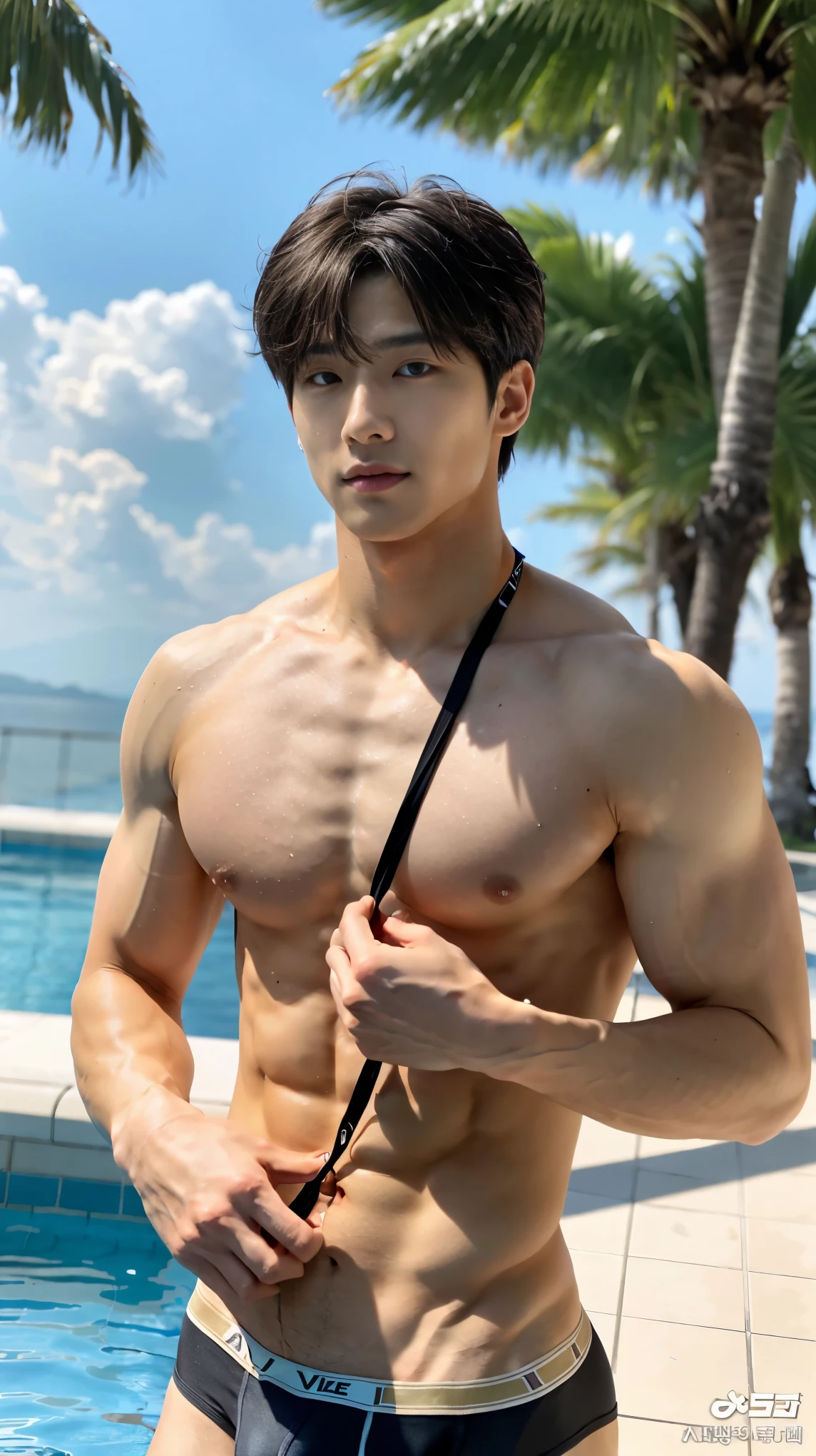 Masterpiece, Best Quality, Solo,handsome Korean Men, swimmer, husky body,lean, small muscle, Natural eyes, Short and delicate hair, Sexy Man, light tan skin, looking up at viewer, topless, Triangle man's Black underwear, Large protrusions, bulge, sensual, big bulge, pube hair, chest hair, sexy