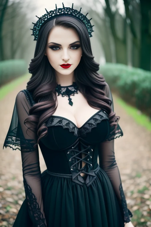 (RAW photo, best quality), (gothic aesthetic:1.1), best quality, extremely detailed, masterpiece, ultra-detailed, illustration, 1girl, full body, side view, eerie atmosphere, gothic cathedral, grey and black color palette, point of view from above, intricate gothic patterns, intricately designed clothing, high contrast lighting, brooding expression, long, wavy, black hair, red lips, sharp focus, foggy background, 4K resolution, cinematic lens, gothic roses, velvet textures, detailed eye make-up, fine beaded jewelry.  (gigantic breasts), (huge breasts), (large breasts), (big breasts), braless, no bra, 