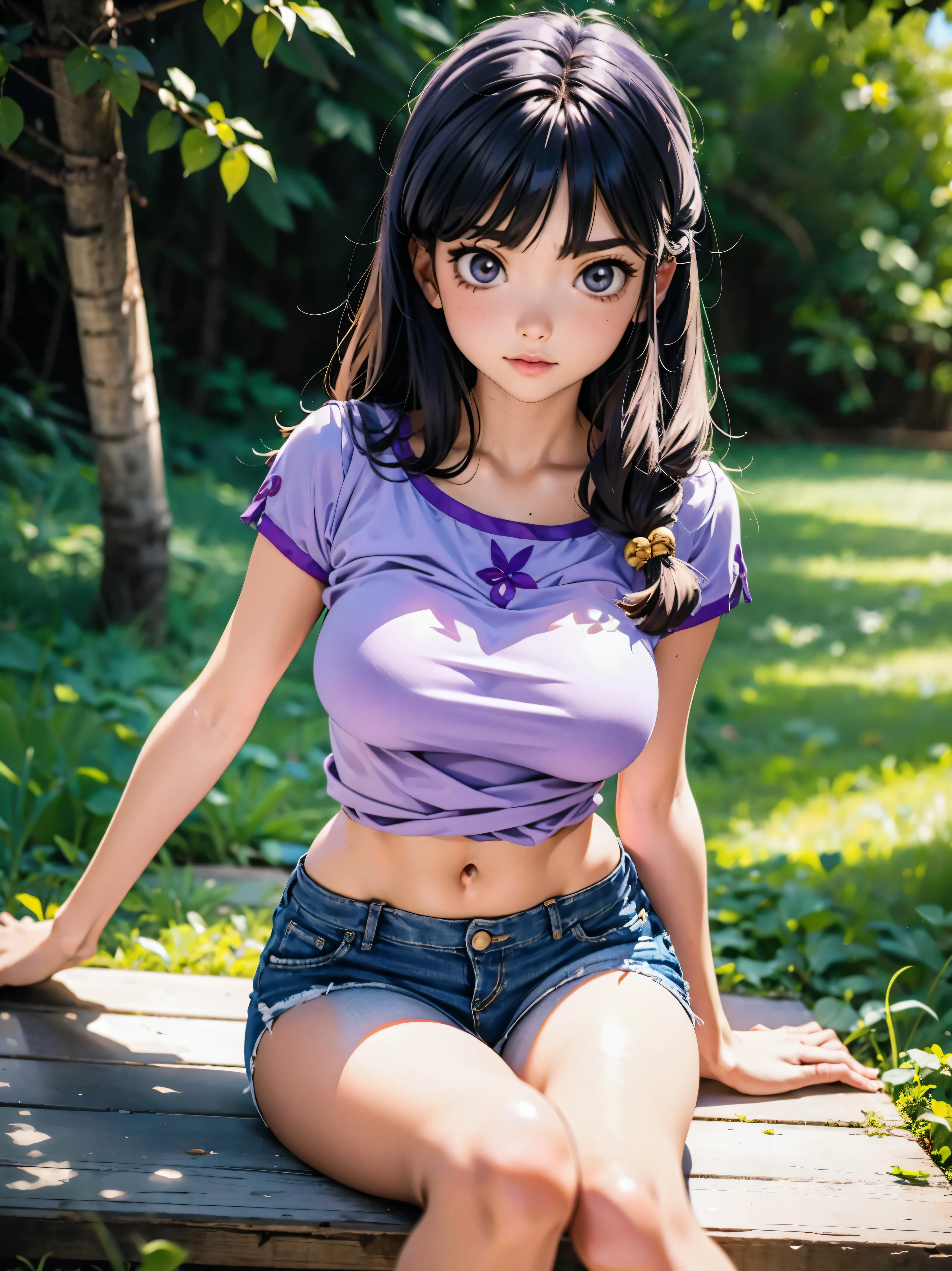 Anime cabelo purple com short jeans e blusa rosa brilhante, *******, corpo bonito, seios grandes, com as hands on chest, hands on chest, Garota sexy, purple cabelo, mechas de cabelo laterais, mechas de cabelo na lateral do rosto, beautiful lighting, sombras suaves, olhos azuis, pernas bonitas, cabelo longo purple, estilo anime, personagem Shampoo Chan, Autora Rumiko Takahashi, Baseado em obra de Rumiko Takahashi, Anime Ranma 1/ 2, decote sexy, quadril robusto, corpo inteiro, corpo inteiro, busto grande, garota jovem com corpo belo e bonito, sandals on his feet, garota ******* jovem baixa estatura, usando short jeans e blusa rosa brilhante, garota anime, estilo anime, beautiful feet in sandals, 45° viewing angle, ao ar livre, peito grande, seios bonitos, cabelo purple, sandals on the feet, pernas bonitas, sexy