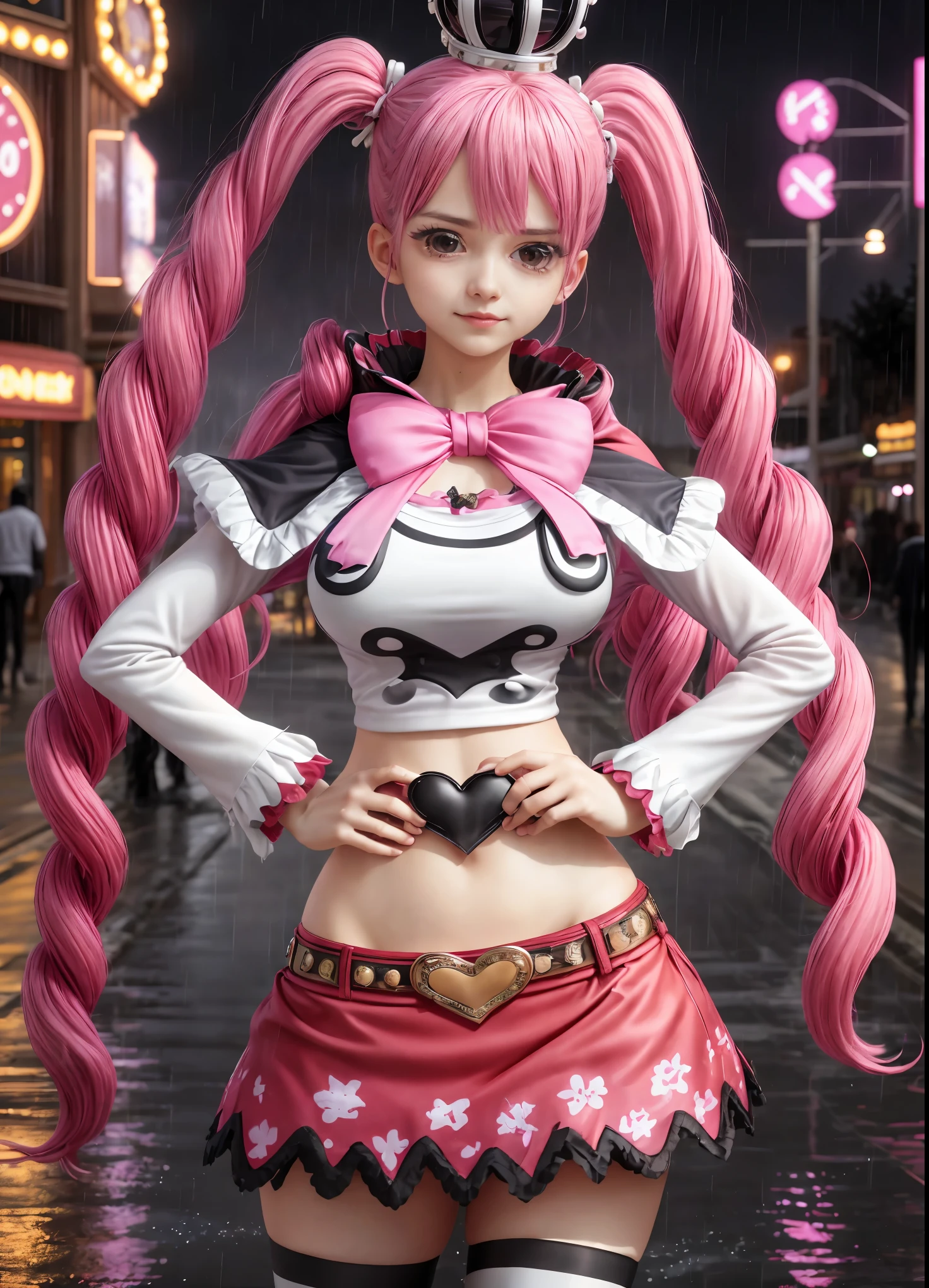 Best quality, Masterpiece, 8K wallpaper, absurd, high resolution, ultra detailed, retrato, nikon d7500, Lente AF-S Nikkor FX, de la marca Nikon, de 2", f/1.8 CHEEMS_PERONA_V3
DISC-SHAPED EYES, black eyes, pink hair, two tails, long hair, crown, navel, Breasts, White shirt, striped, crop top, thigh-high stockings (color: black and white), boots, skirt, large Breasts, pierce hair, cleavage, full body, amusement park, architecture, outdoors free, rainy day, where, grass, cloud, branch, style Eiichiro Oda, (Foto, studio lighting, luz dura, sony a7, 50 millimeters, piel mate, pores, colores, hiperdetallado, hyper realistic),