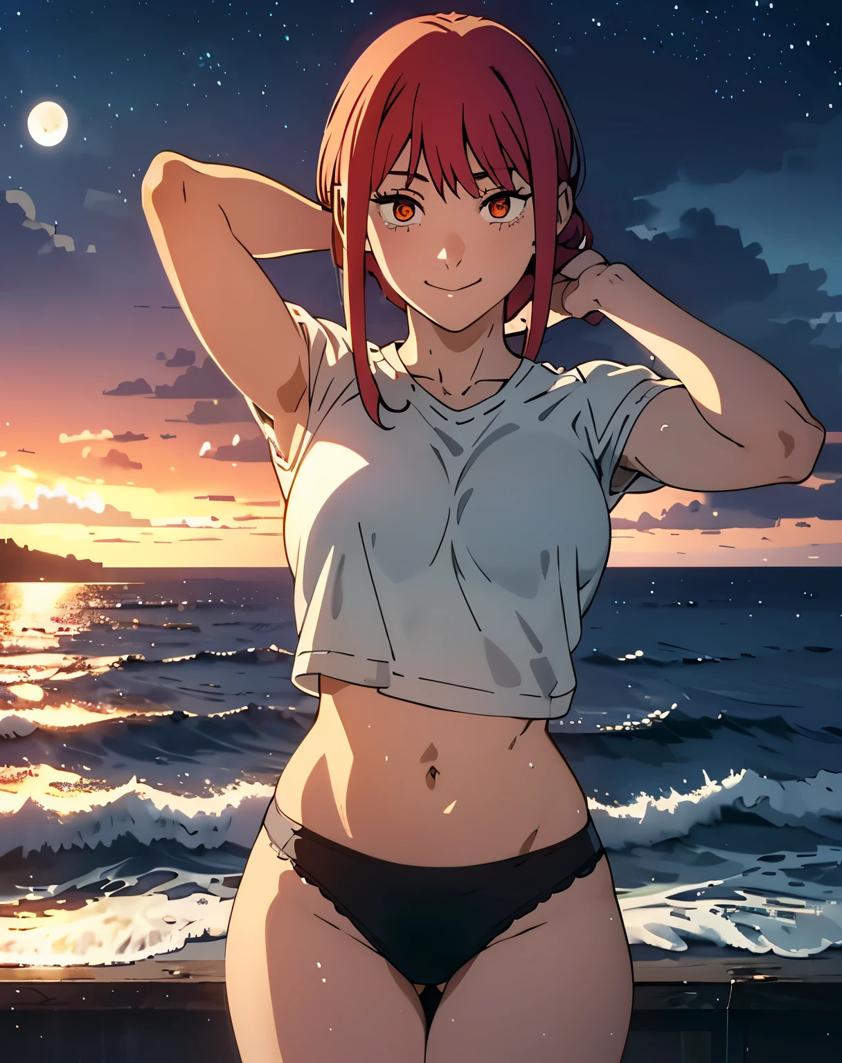 (masterpiece, best quality, high resolution, animescreencap, anime colored,), (perfect anatomy, beautiful detailed eyes, beautiful detailed body, beautiful breast, shiny skin), 1girl, red hair, side bangs, braided ponytail, medium breasts, smiling,orange eyes, ringed eyes, arms up behind head , armpits, looking at viewer, blushing,, ocean, night, seaside, stars, moon, white t-shirt,black thong panties, (((wet skin))) 