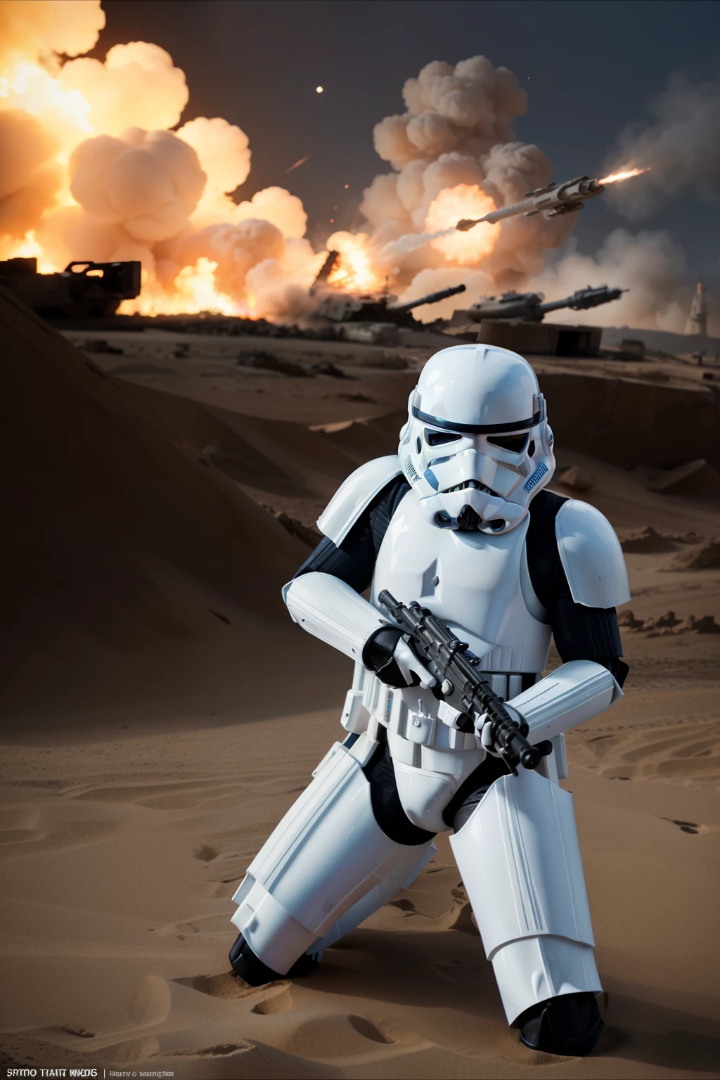 /imagine prompt: Stormtrooper, Star Wars scene, fighting rebels, blast fire still picture, action position, sharp camera focus, cinematic camera effects, dramatic lighting with contrasting shadows and highlights --ar 2:3 --model 3d6d51b391 --cfgscale 9.0 --steps 30 --zoom 2.0 sampler_name:Quadratic use_hires_fix:Yes combine_images:No
In this scene, a Stormtrooper, dressed in his iconic white armor, clashes with rebels amidst a still picture of blast fire. The Stormtrooper's action position conveys a sense of