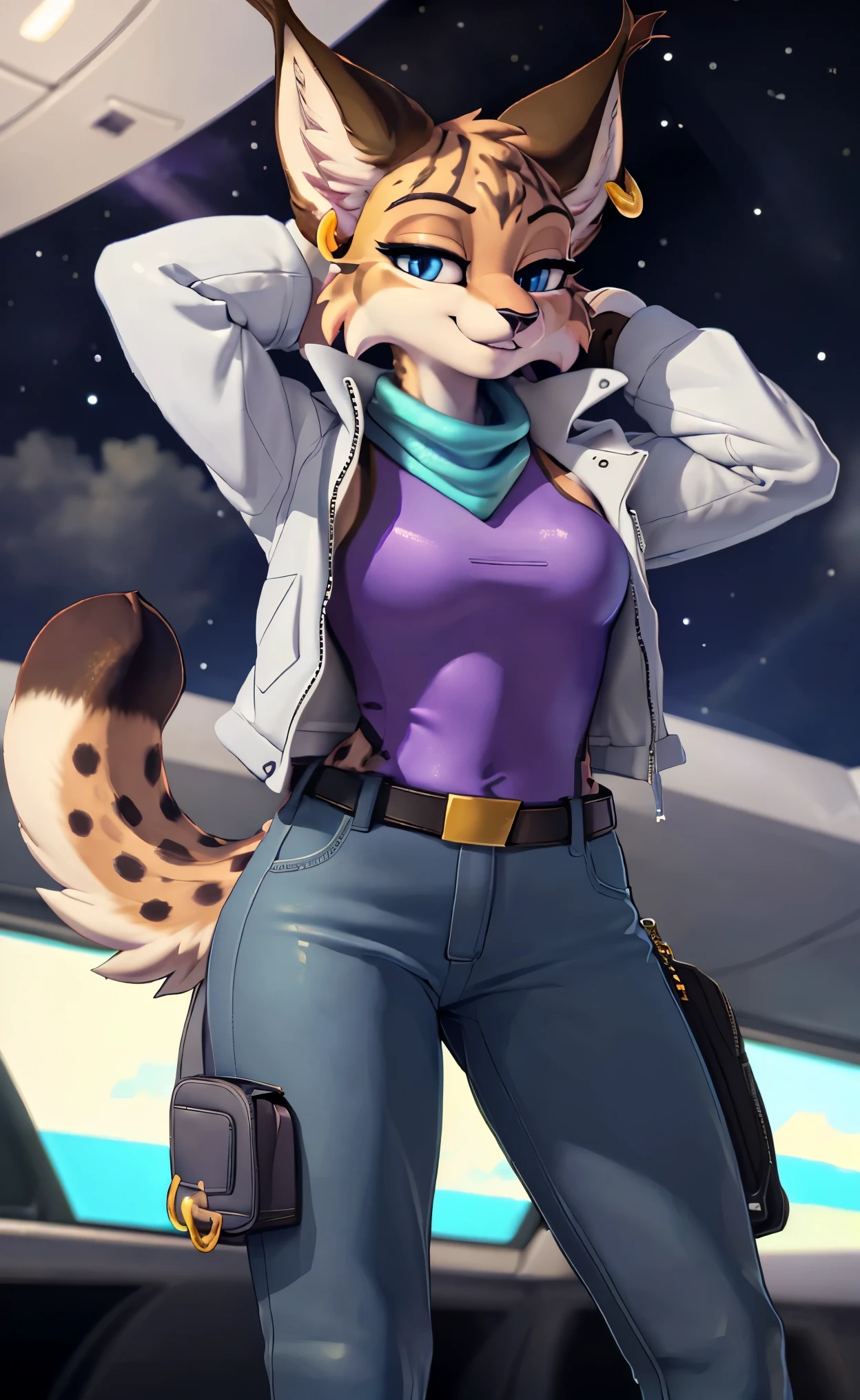 [MiyuCzar], [Miyu Lynx], [Starfox 2], [Uploaded to e621.net; (mayosplash), (Pixelsketcher), (wamudraws)], [Uploaded to twitter.com; (@senip)], ((masterpiece)), ((HD)), ((high res)), ((solo portrait)) ((front view)), ((furry; anthro lynx)), ((detailed fur)), ((detailed shading)), ((beautiful render art)), ((cel shading)), {(female anthro lynx), (slim figure), (brown fur black stripes), black nose, (long pointed lynx ears), (gold earring on LEFT ear), (dark blue eyes), (half-closed eyes), (indigo eyeshadow), (long eyelashes), (curvy hips), (beautiful legs), (smug grin), (relaxed expression)}, {(white zip-up jacket with shiny texture), (turquoise scarf), (purple shirt), (purple highrise leotard under clothes), (tight purple pants), (utility belt with gold triangle belt buckle), (grey combat boots)}, {(standing), (hands behind head), (looking at viewer)}, [background; (air force base), (airplane runway), (starry sky), (full moon), (ambient lighting)]