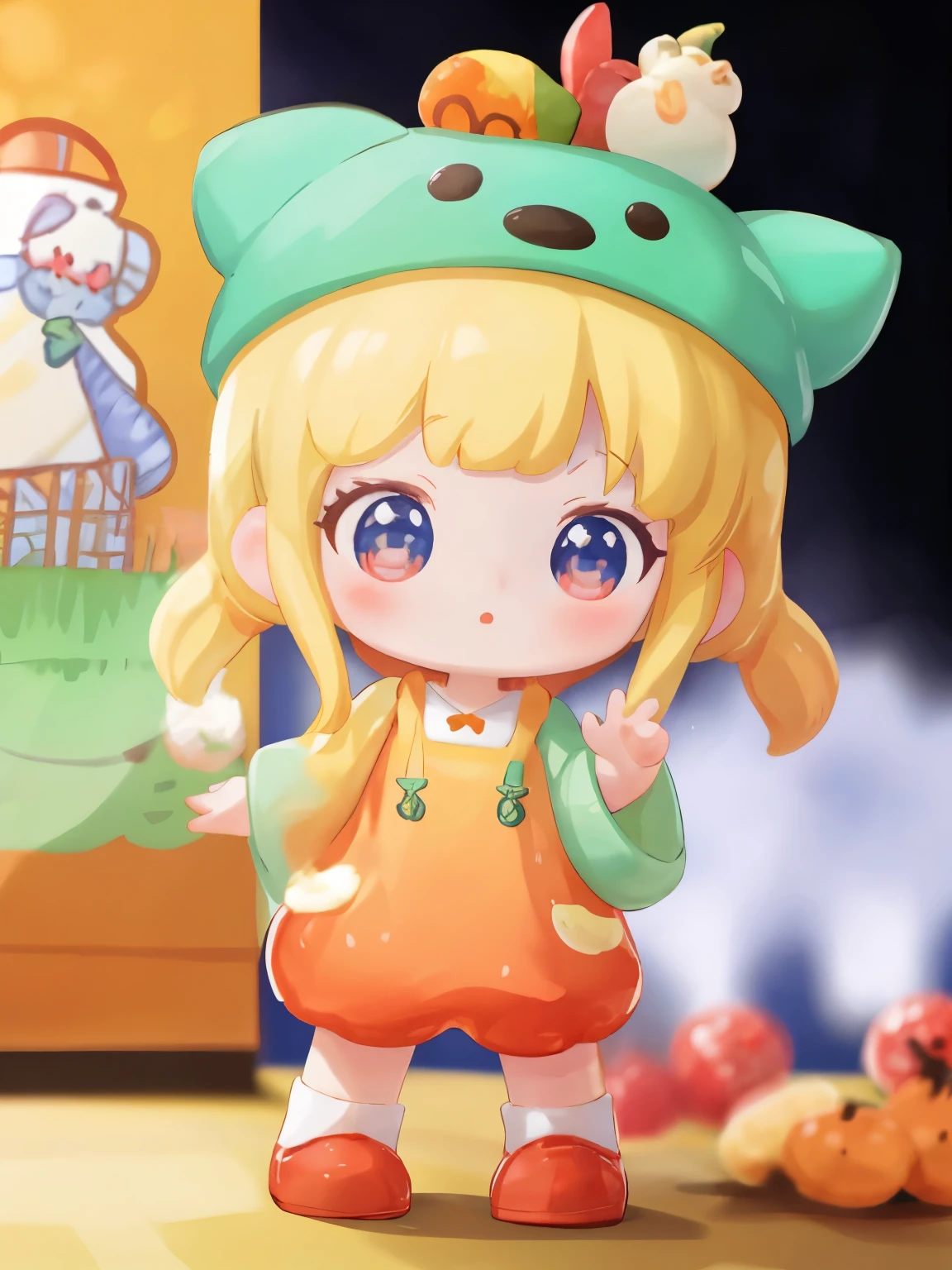 blindbox、Chibi girl acting on stage、wearing a cute fruit costume
