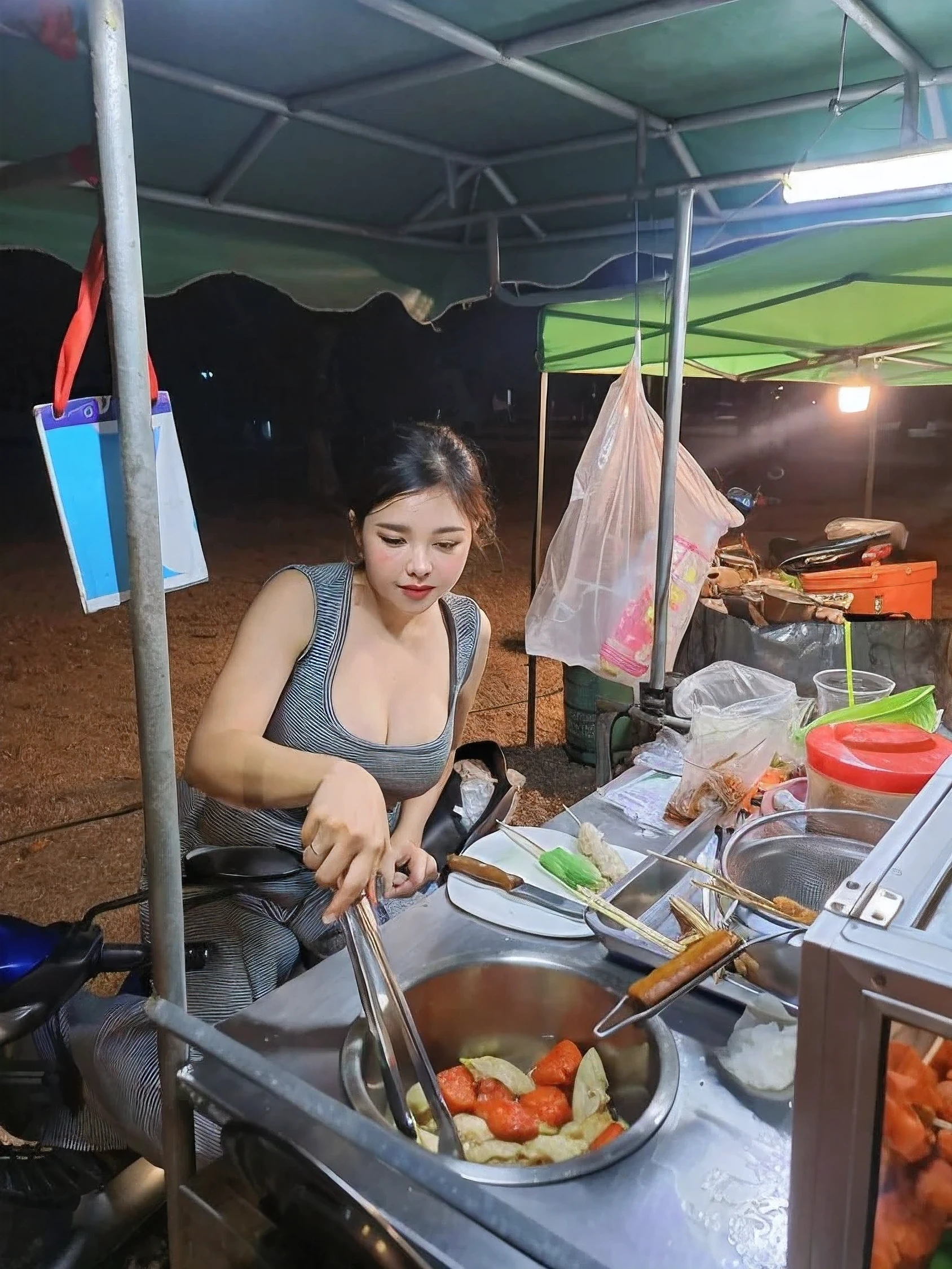 woman แต่งกายด้วยชุดเจ้าสาวหรูหรา ชงdrink fแก้วที่สวยหรูหรา on a table under a tent, , cooking, ผสมdrinkแอลกอฮอล์,ขวดdrinkหรูหรา, A busy night.., เวลาnighttime, cooking show, drink, Food stalls, gorgeous woman, High quality images,high resolution, ตอนnighttime time, Ready to drink, nighttime, ตอนnighttime, Post 4K, Post 4K