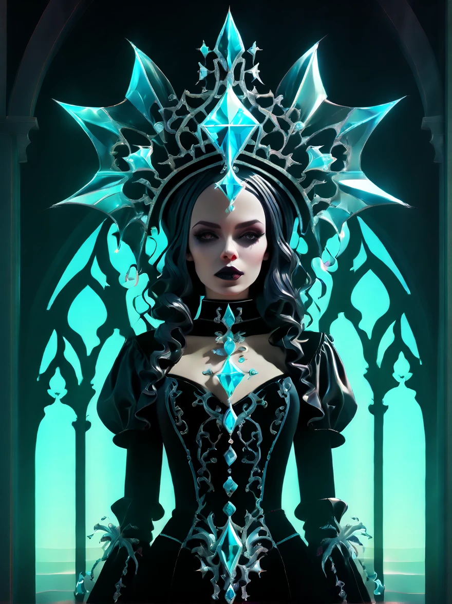 （Game ace:1.5，rotational symmetry），(gothic aesthetic:1.8)，（cowboy shots），Minimalist composition，waves，Female magician，Delicate crystal headdress，Exquisite crystal armor，Electroluminescence，dreamy glow，concept digital art，Sky blue gray，（Very detailed，Reasonable design，clear lines，High definition，best quality，masterpiece，4K）