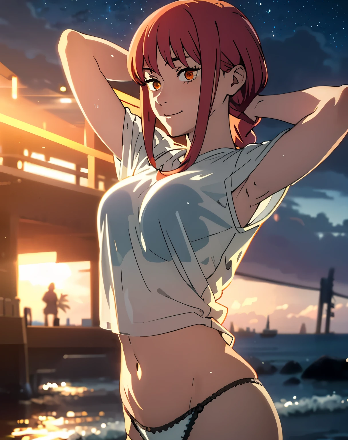 (masterpiece, best quality, high resolution, animescreencap, anime colored,), (perfect anatomy, beautiful detailed eyes, beautiful detailed body, beautiful breast, shiny skin), 1girl, red hair, side bangs, braided ponytail, medium breasts, smiling,orange eyes, ringed eyes, arms up behind head , armpits, looking at viewer, blushing,, ocean, night, seaside, stars, moon, white t-shirt, thong panties, (((wet skin))), see through t-shirt, 