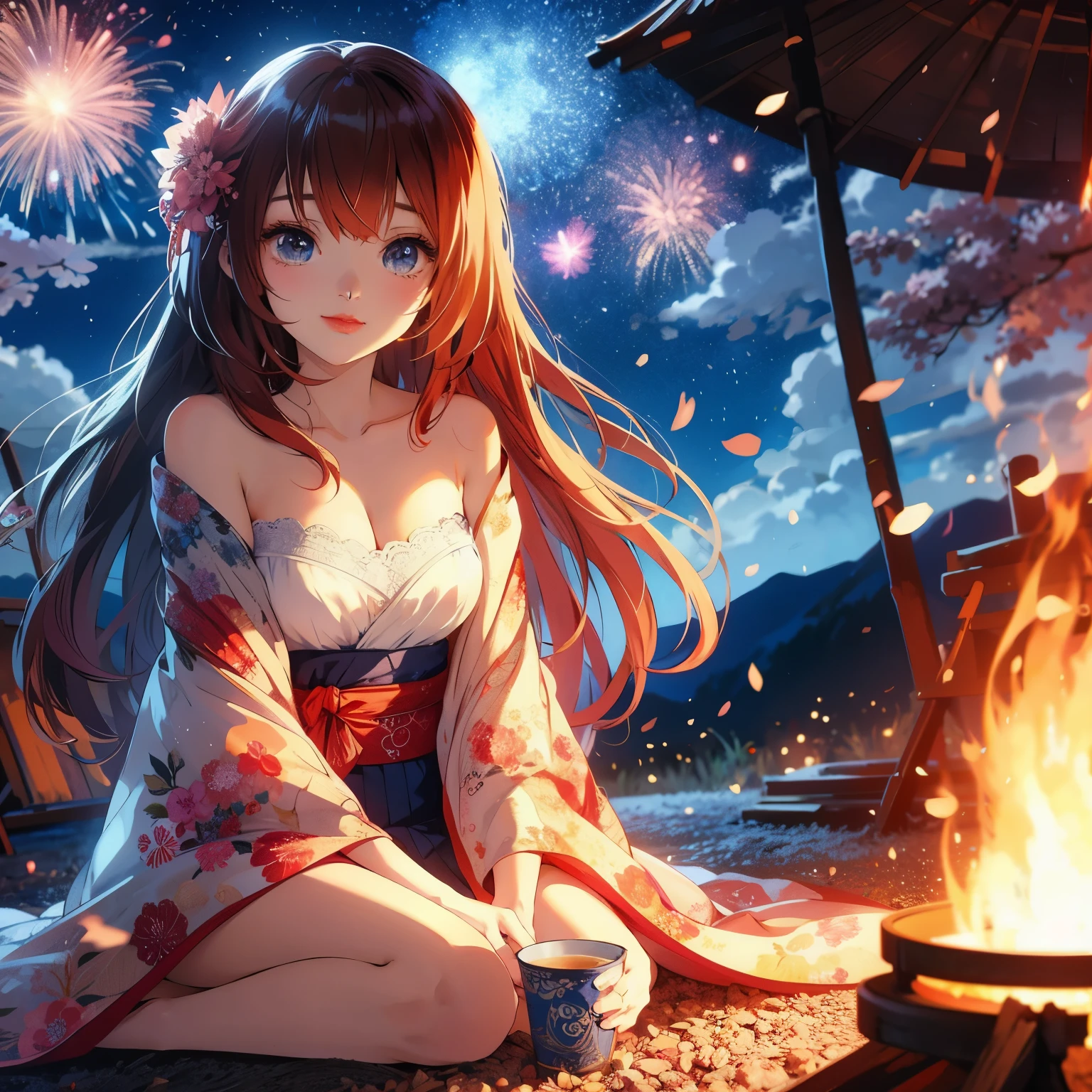 Anime girl sitting on the ground near the fire,Fireworks in the background, anime style 4 k, anime wallpaper 4k, anime wallpaper 4k, anime art wallpaper 4k, Anime Art Wallpaper 4k, 4k anime wallpaper, beautiful anime girl, anime girl desktop background, night nucleus, anime art wallpaper 8k, anime style. 8k, beautiful anime style