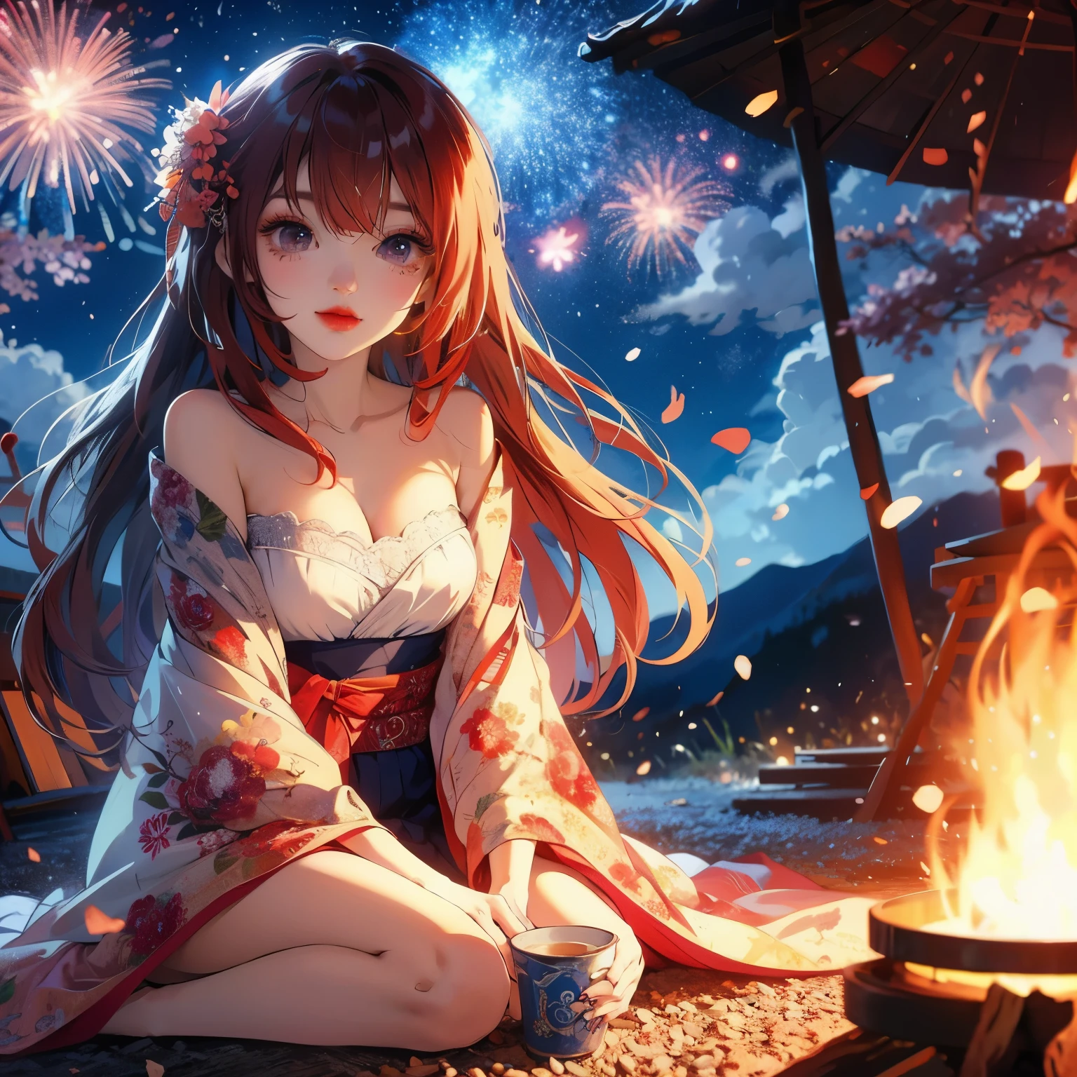 Anime girl sitting on the ground near the fire，Fireworks in the background, anime style 4 k, anime wallpaper 4k, anime wallpaper 4k, anime art wallpaper 4k, Anime Art Wallpaper 4k, 4k anime wallpaper, beautiful anime girl, anime girl desktop background, night nucleus, anime art wallpaper 8k, anime style. 8k, beautiful anime style