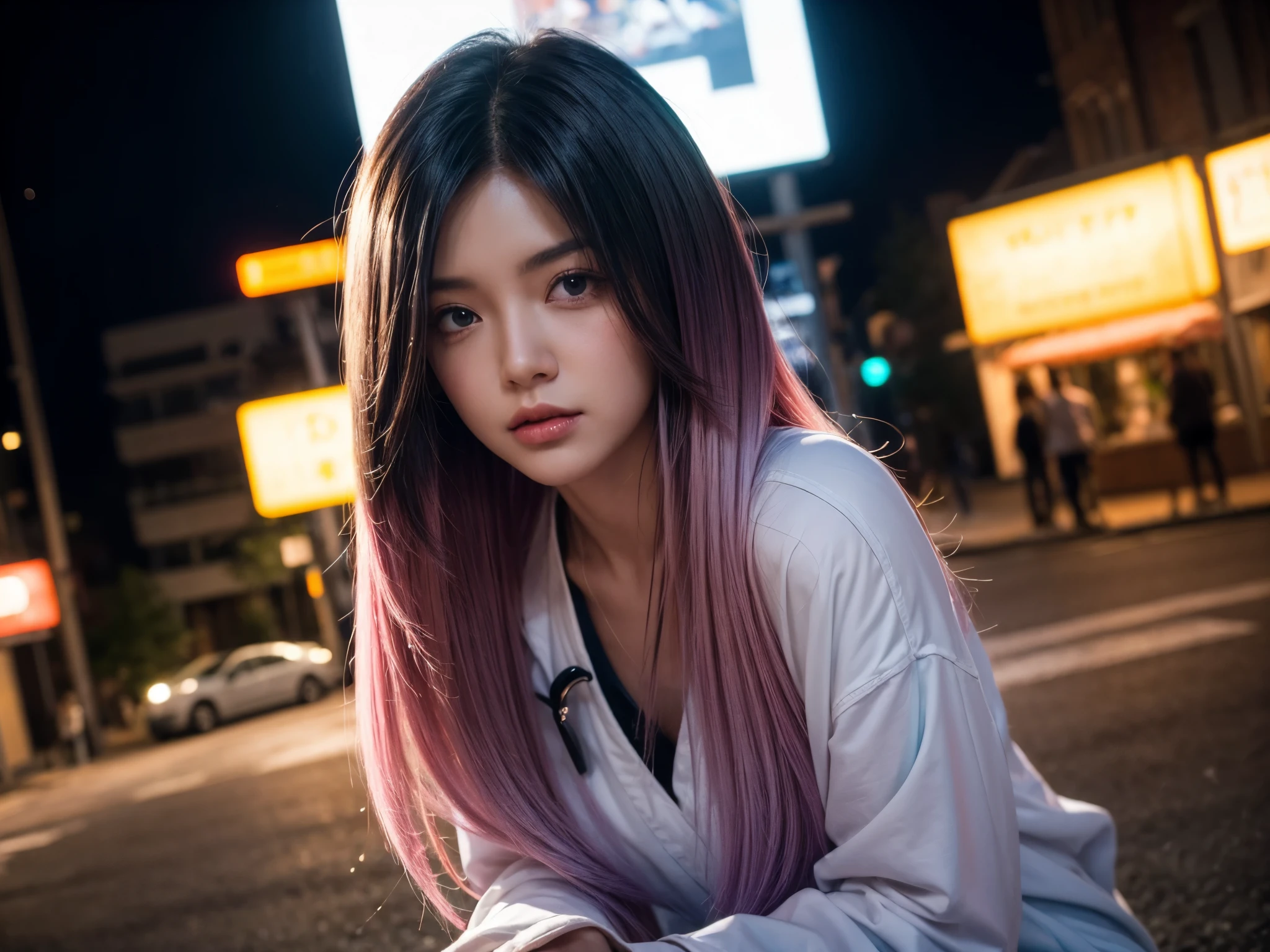 (gradient hair, dutch angle:1.3), film grain, chromatic aberration, city centre, masterpiece, best quality, raw photo, photorealistic, absurdres, 1girl, cute, perspective, cowboy shot, highres, ultra detailed, finely detail, detailed eyes and face, sharp pupils, realistic pupils, sharp focus, summer, night,