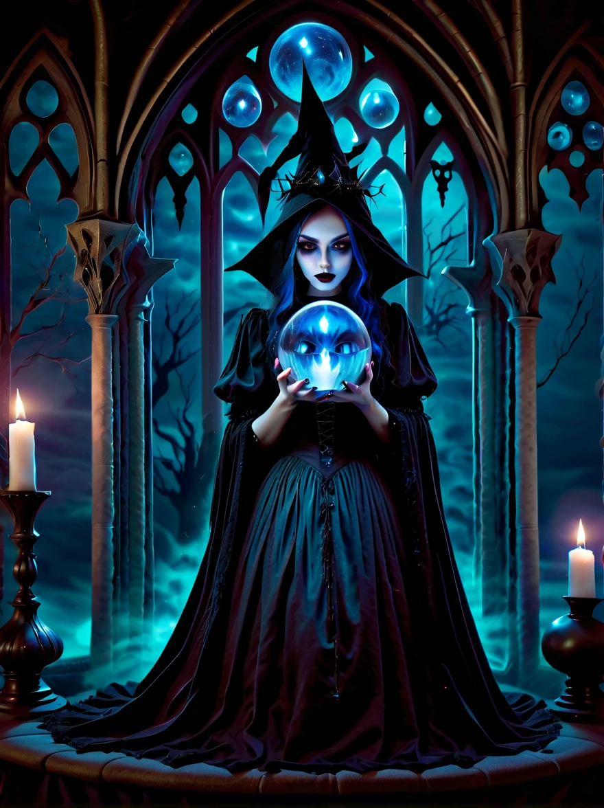 (gothic aesthetic:1.8)，Under the moonlight，The witch casts a spell on the crystal ball in front of her，（There is a castle in the crystal ball），The witch's eyes glowed with blue flames，Electroluminescence，dreamy glow，anatomically correct，（lifelike，masterpiece，best quality，ultra high definition，Very detailed，illumination）