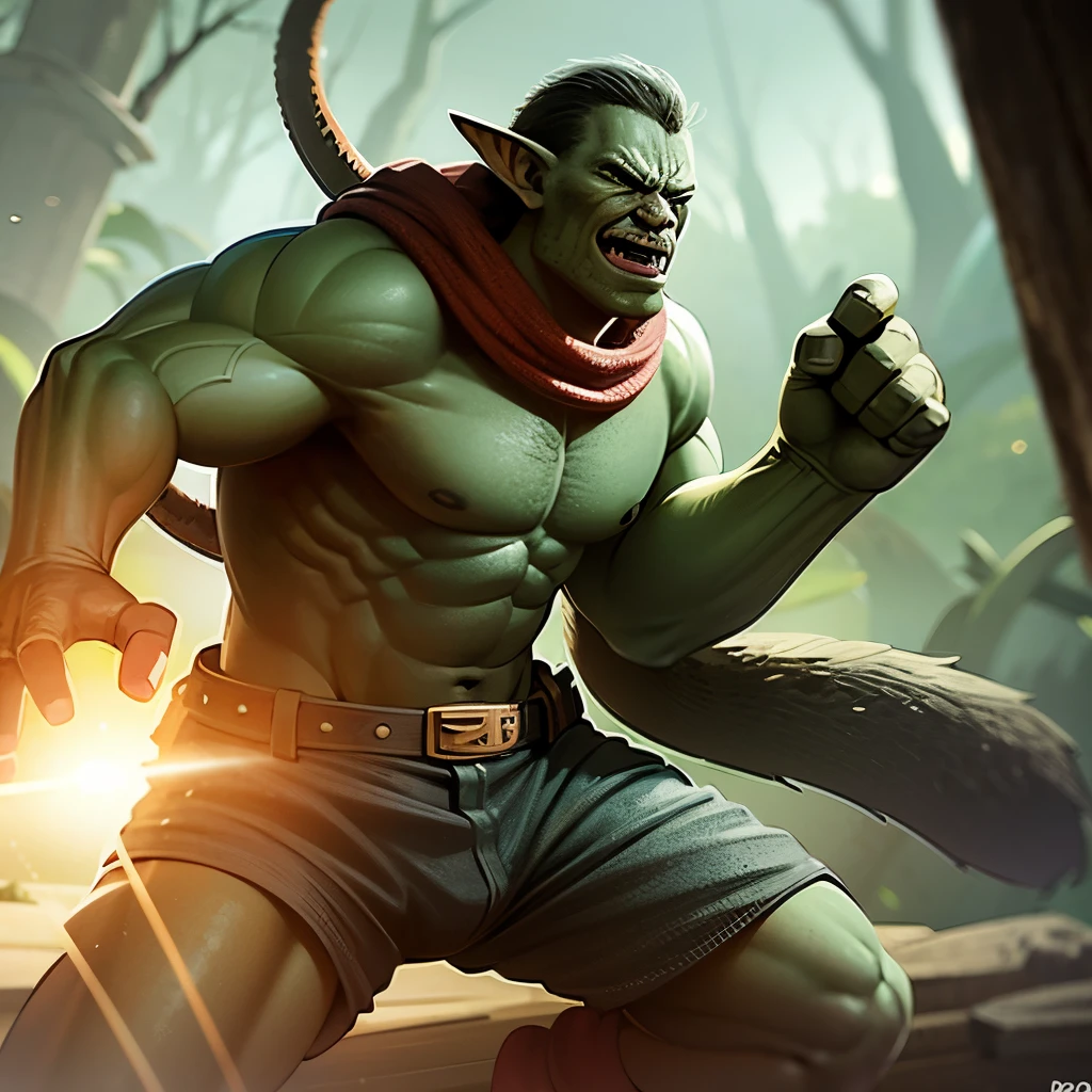 monster, cartoon style, angry, fangs out, jungle background
