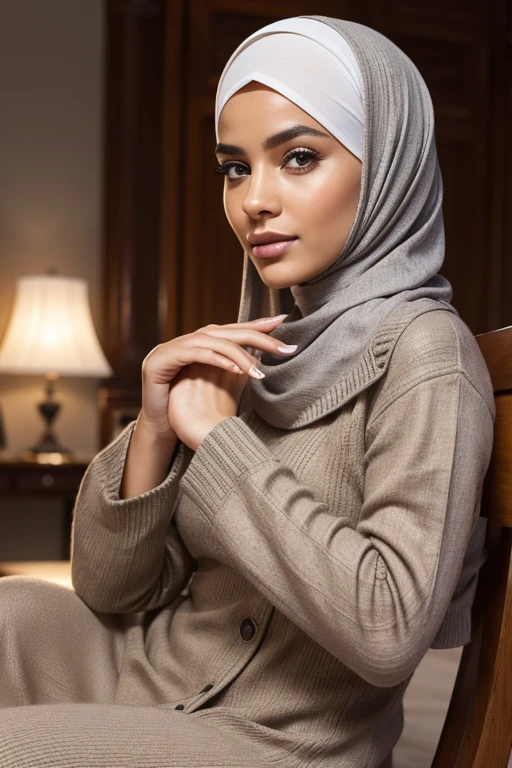 (best quality,4k,8k,highres,masterpiece:1.2),ultra-detailed,(realistic,photorealistic,photo-realistic:1.37),portrait, woman, hijab, casual outfit, sitting, chair, table, detailed eyes, detailed lips, serene expression, graceful pose, soft lighting, vibrant colors