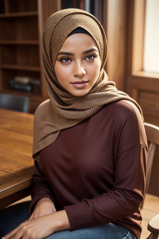 (best quality,4k,8k,highres,masterpiece:1.2),ultra-detailed,(realistic,photorealistic,photo-realistic:1.37),portrait, woman, hijab, casual outfit, sitting, chair, table, detailed eyes, detailed lips, serene expression, graceful pose, soft lighting, vibrant colors