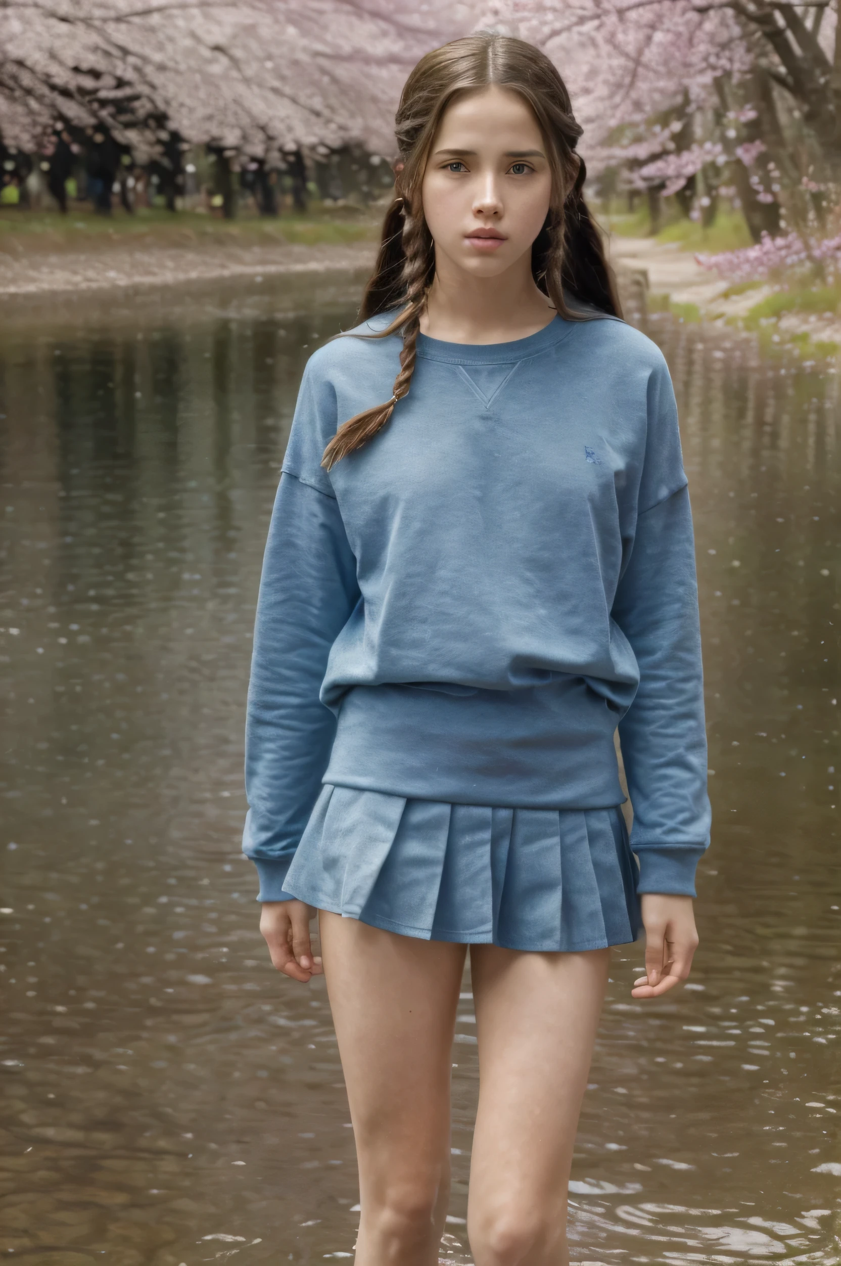 Beautiful young Margaret Qualley, The Last of Us, game, big sweatshirt, Tiny blue pleated skirt, no panties, dark tights, hyperrealistic, , model body, small breasts, beautiful breasts, long hair, braided hair, long legs , 8k, standing in front of lake, cherry blossom, sunlight, led lighting, blood on wall, pool of blood, full of human remains, detailed reflection, anime style