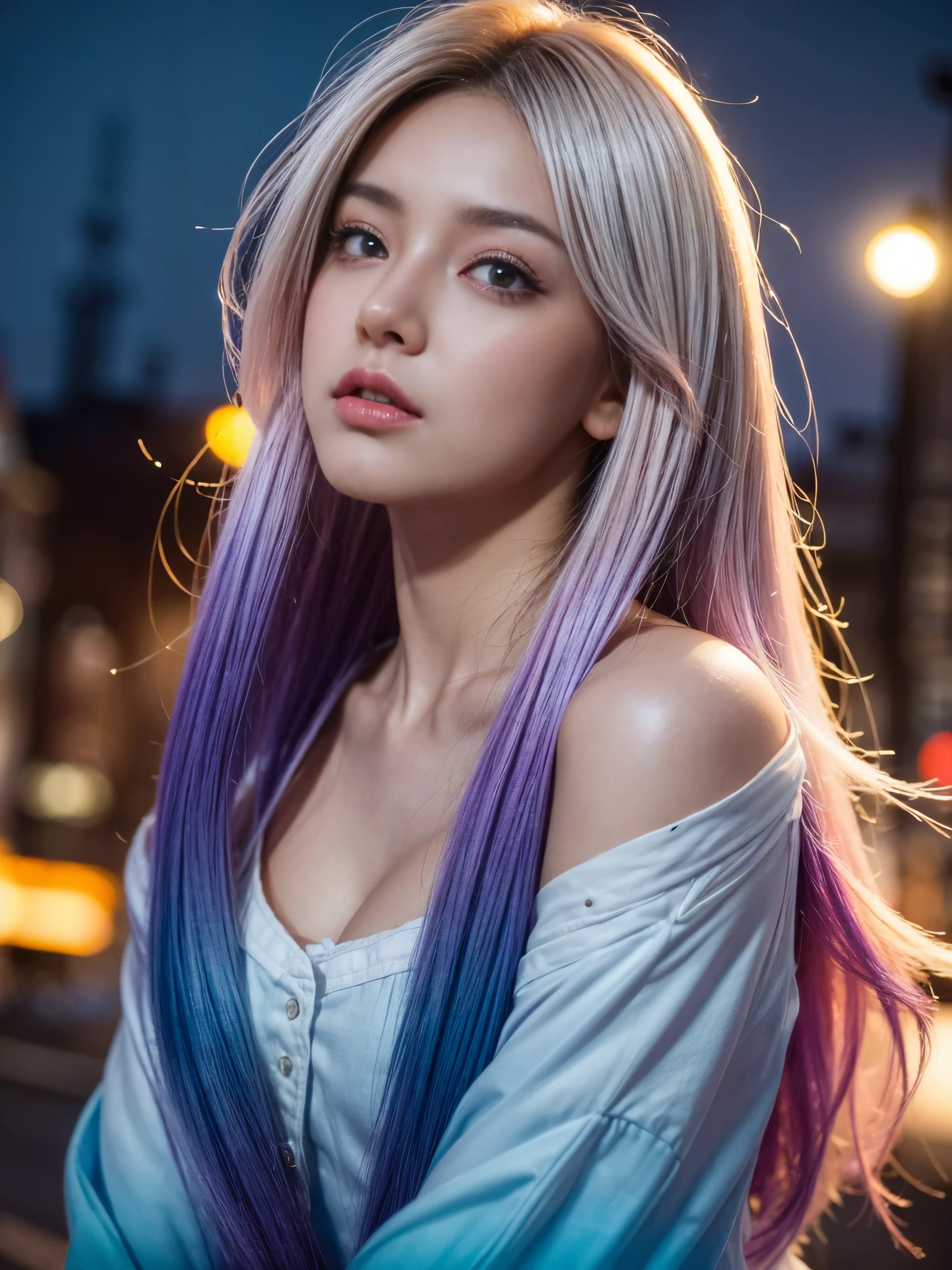 (gradient hair, dutch angle:1.3), film grain, chromatic aberration, city centre, masterpiece, best quality, raw photo, photorealistic, absurdres, 1girl, cute, perspective, cowboy shot, highres, ultra detailed, finely detail, detailed eyes and face, sharp pupils, realistic pupils, sharp focus, summer, night,