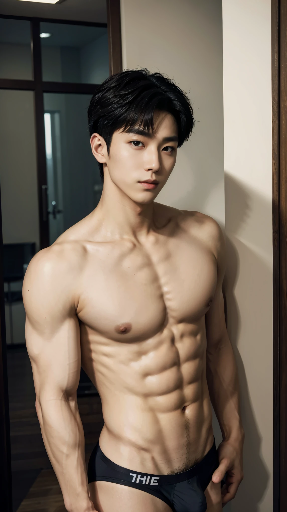 Masterpiece, Best Quality, Solo,handsome Korean Men, swimmer, husky body,lean, small muscle, Natural eyes, Short and delicate hair, Sexy Man, light tan skin, looking up at viewer, topless, Triangle man's Black underwear, Large protrusions, bulge, sensual, big bulge, pube hair, chest hair, sexy