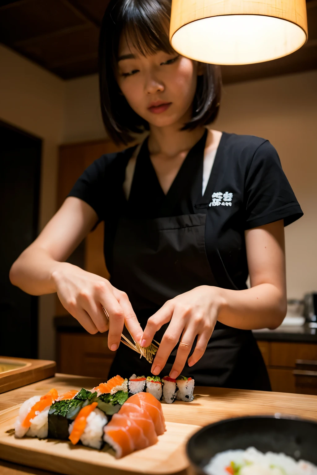 A pair of slender female hands,Making sushi,The picture is dark,