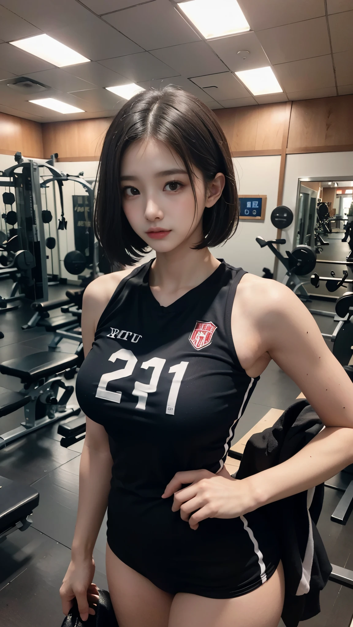 high level of image quality、8k、1 female、Personal Photos、beautiful woman、volleyball club、、cute little、Japan、The entire picture is displayed、1 person、short hair、Gym、double、Breasts are big、
