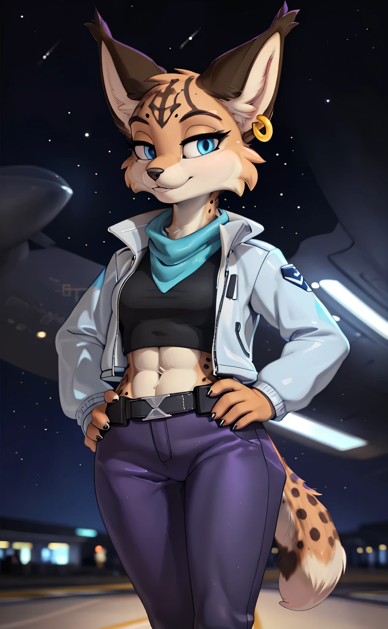 [MiyuCzar], [Miyu Lynx], [Starfox 2], [Uploaded to e621.net; (mayosplash), (Pixelsketcher), (wamudraws)], [Uploaded to twitter.com; (@senip)], ((masterpiece)), ((HD)), ((high res)), ((solo portrait)) ((front view)), ((feet visible)), ((furry; anthro)), ((detailed fur)), ((detailed shading)), ((beautiful render art)), ((cel shading)), {(female anthro lynx), (slim figure), (brown fur black stripes), black nose, (long pointed lynx ears), (gold earring on LEFT ear), (dark blue eyes), (half-closed eyes), (indigo eyeshadow), (long eyelashes), (sharp claws), (detailed abs), (curvy hips), (beautiful legs), (smug grin), (relaxed expression)}, {(white zip-up jacket with shiny texture), (turquoise scarf), (purple shirt under jacket), (tight purple pants), (utility belt with gold triangle belt buckle), (grey combat boots)}, {(standing), (hands on hips), (looking at viewer)}, [background; (air force base), (airplane runway), (starry sky), (full moon), (ambient lighting)]