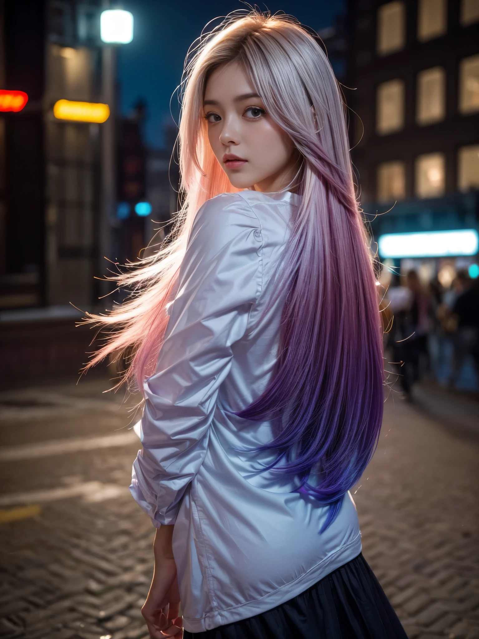 (gradient hair, dutch angle:1.3), film grain, chromatic aberration, city centre, masterpiece, best quality, raw photo, photorealistic, absurdres, 1girl, cute, perspective, cowboy shot, highres, ultra detailed, finely detail, detailed eyes and face, sharp pupils, realistic pupils, sharp focus, summer, night,