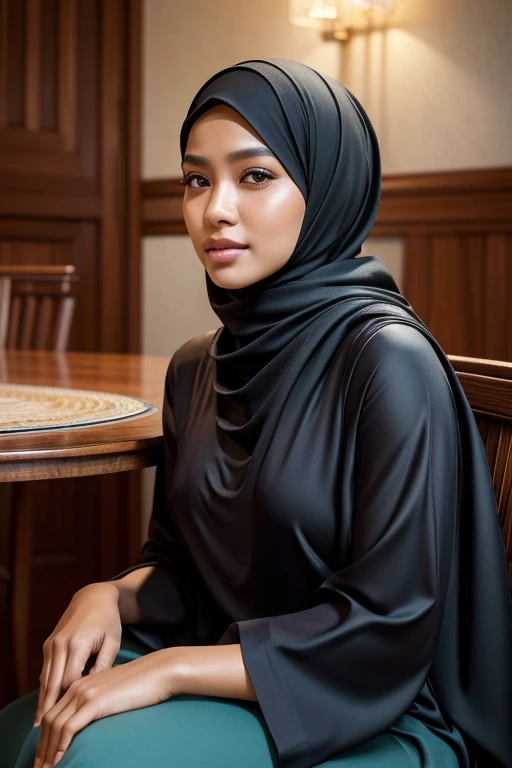 (best quality,4k,8k,highres,masterpiece:1.2),ultra-detailed,(realistic,photorealistic,photo-realistic:1.37),portrait, indonesian woman, simple hijab, sitting, chair, table, detailed eyes, detailed lips, serene expression, graceful pose, soft lighting, vibrant colors