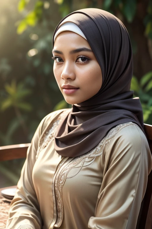 (best quality,4k,8k,highres,masterpiece:1.2),ultra-detailed,(realistic,photorealistic,photo-realistic:1.37),portrait, indonesian woman, simple hijab, sitting, chair, table, detailed eyes, detailed lips, serene expression, graceful pose, soft lighting, vibrant colors