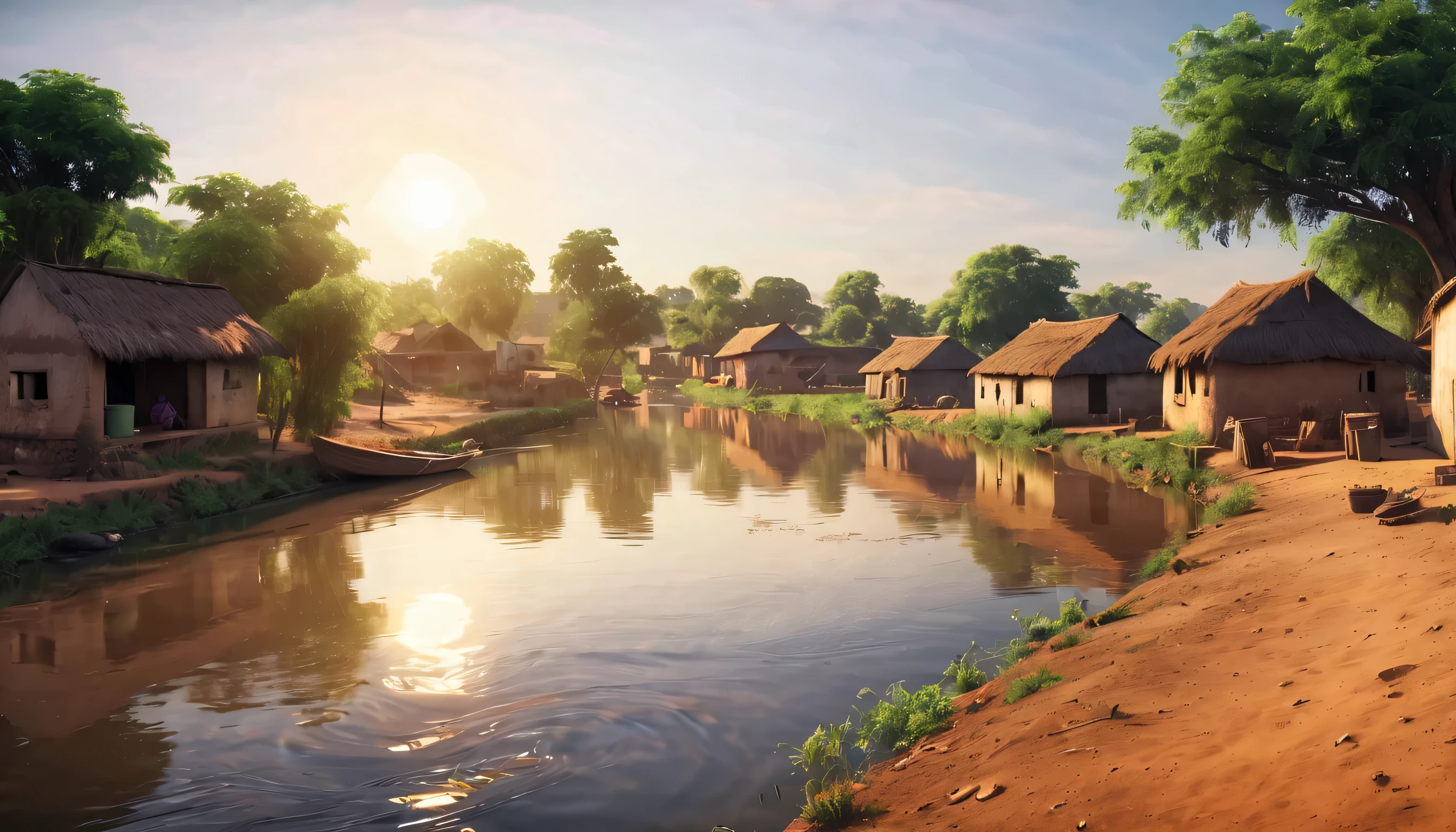 8K, Best Quality, Masterpiece, Ultra High Resolution, (Realism 1.4), Original Photo, a photorealistic full body shot, the warm sun peeked over the river, as it woke up, in small African village town, beautiful scene, photorealistic image