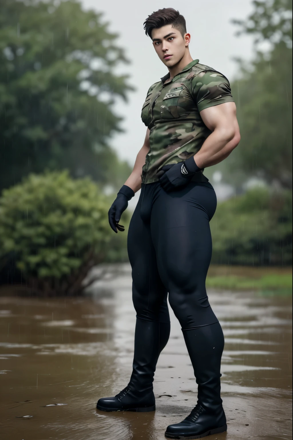 20-year-old boy , male soldier ,handsome ,Wear a camo army short-sleeved shirt, wearing nothing, Wearing no pants, naked butt, Black boots and dark navy gloves, standing backward, sit on the ground ,nude, perfect , male , 1boy, solo, male focus, standing back, backward to viewers, showing huge male butt, round muscular ass, His legs spread apart, tight ,Muscle Man , ((The arm muscles are very large)) ,large  , Wide shoulders ,Sexually suggestive, (Dynamic Poses:1.1) , thights , (Embossed Focus:1.2) ,It's raining ,Mud Pond , Best qualtiy , Wide lens ,deep depth of field ,Bokeh background