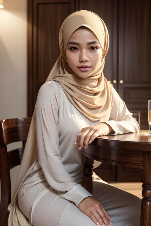 (best quality,4k,8k,highres,masterpiece:1.2),ultra-detailed,(realistic,photorealistic,photo-realistic:1.37),portrait, indonesian woman, simple hijab, sitting, chair, showing empty table, detailed eyes, detailed lips, serene expression, graceful pose, soft lighting, vibrant colors