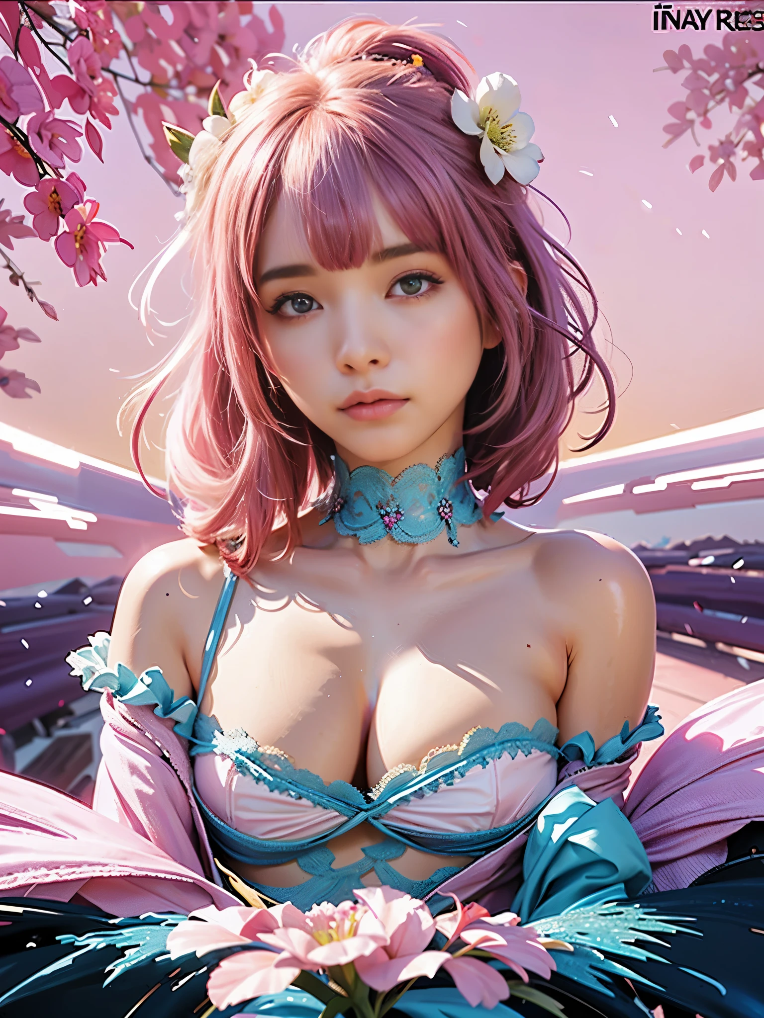 1 girl, big breasts, Floral, Lisianthus ,light pink and light blue styles., dreamy romantic work., light pink, Intangible documents, fun arrangement, fantasy, high contrast, ink stroke, explosion, over touch, Impression based on purple and red , abstract, negative space,