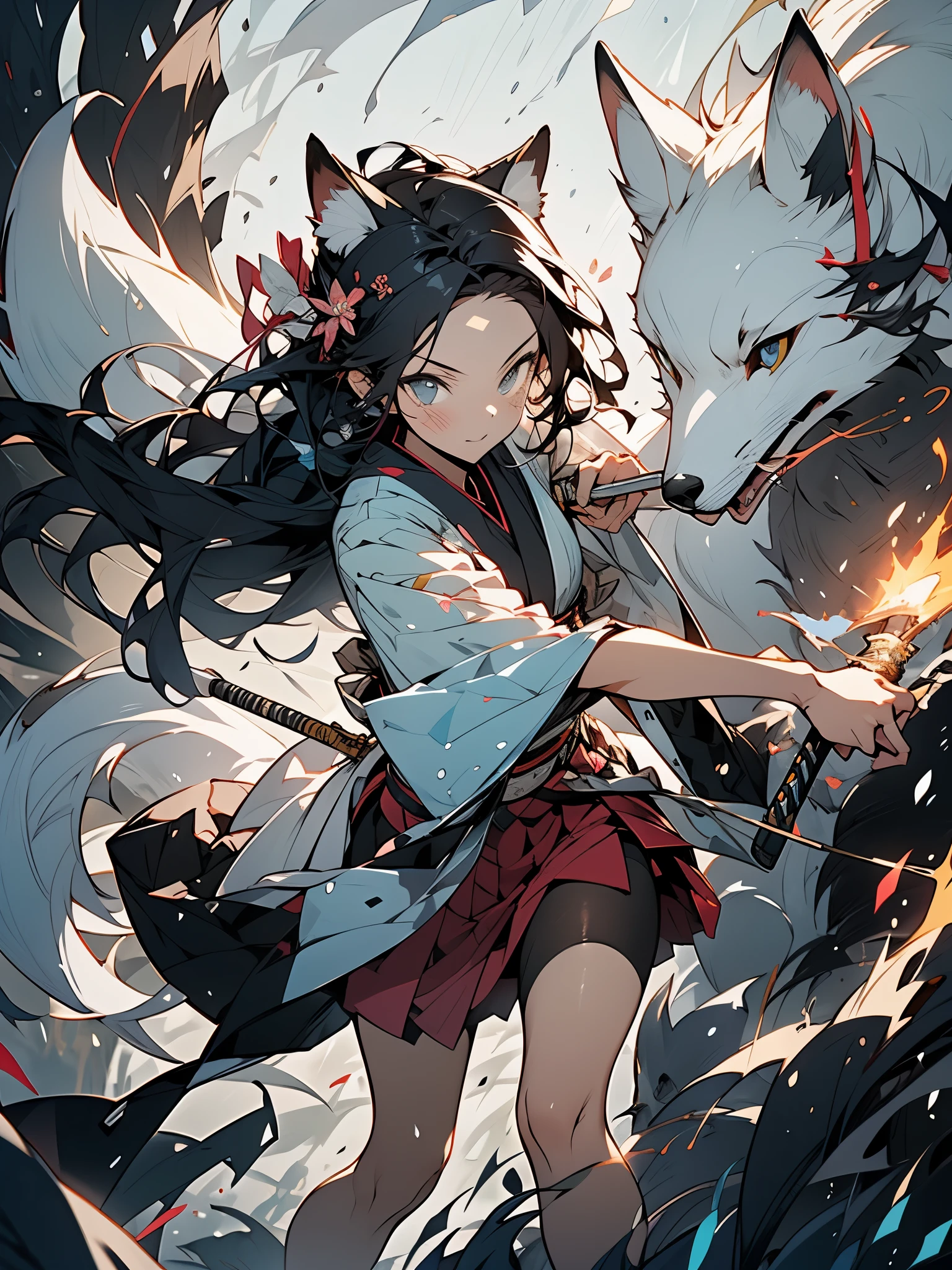 1 girl,kimono,long black hair,holding long stick in both hands,short skirt,blue eyes,Prepare to attack,There is a white fox in the back holding a knife,HD,detail,4K,clear facial contours