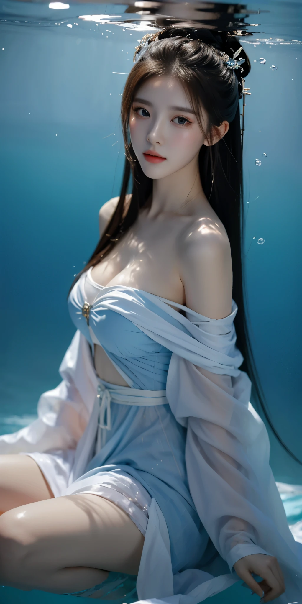 gufeng,bare shoulders,best quality，masterpiece，ultra high resolution，clear face,（Realism：1.4），RAW photos，cold light，Woman underwater，Full body image，wallpaper anime blue water，Gurwitz-style artwork，Close-up fantasy of water magic，author：Yang Jie，Gurwitz，A beautiful artistic illustration，Water Nymphs，Beautiful digital artwork，Beautiful digital illustration，Li Song，A beautiful anime portrait，Bovo&#39;s art style