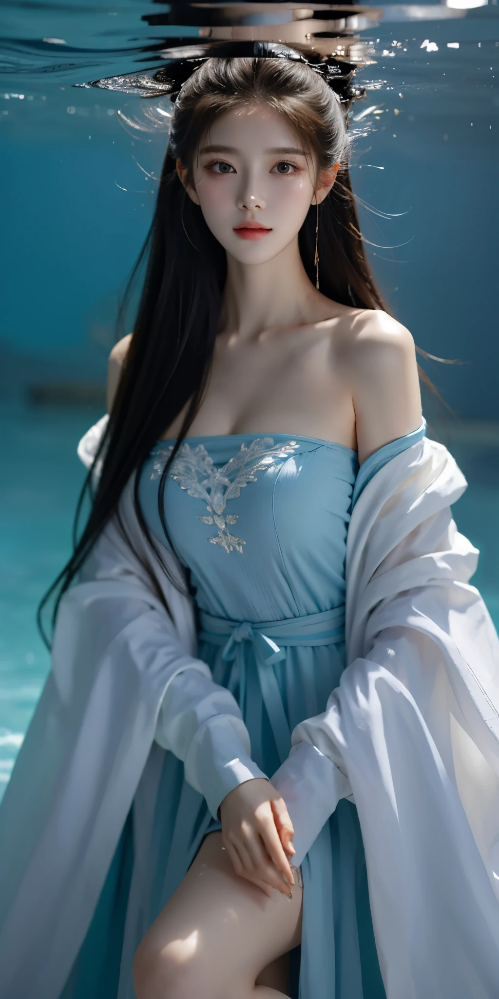 gufeng,bare shoulders,best quality，masterpiece，ultra high resolution，clear face,（Realism：1.4），RAW photos，cold light，Woman underwater，Full body image，wallpaper anime blue water，Gurwitz-style artwork，Close-up fantasy of water magic，author：Yang Jie，Gurwitz，A beautiful artistic illustration，Water Nymphs，Beautiful digital artwork，Beautiful digital illustration，Li Song，A beautiful anime portrait，Bovo&#39;s art style