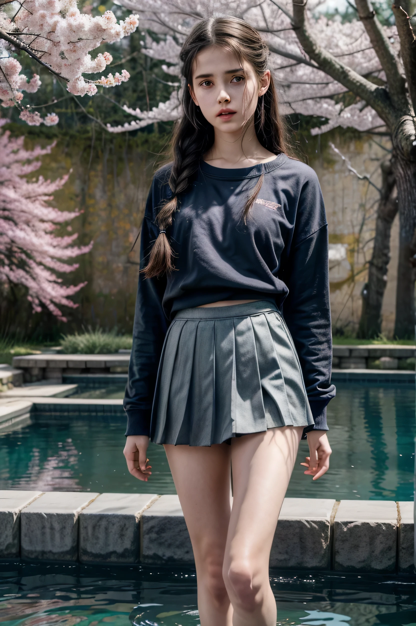 Beautiful young Margaret Qualley, The Last of Us, game, big dark blue sweatshirt, Tiny grey pleated skirt, no panties, dark tights, hyperrealistic, 14 years old, model body, mid sized breasts, beautiful breasts, long hair, braided hair, long legs , 8k, standing in front of lake, cherry blossom, sunlight, led lighting, blood on wall, pool of blood, full of human remains, detailed reflection, anime style, detailed face