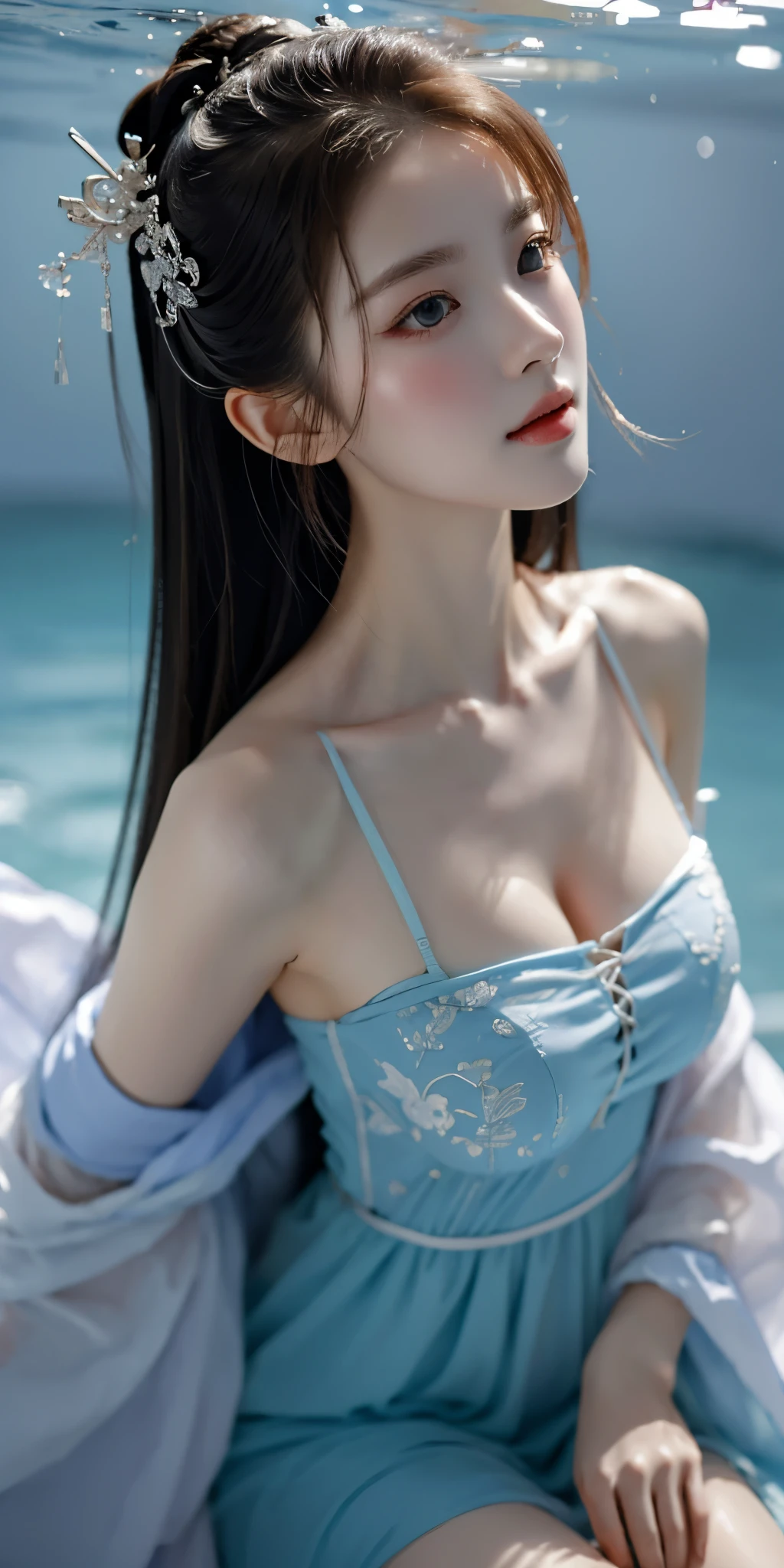 gufeng,bare shoulders,best quality，masterpiece，ultra high resolution，clear face,（Realism：1.4），RAW photos，cold light，Woman underwater，Full body image，wallpaper anime blue water，Gurwitz-style artwork，Close-up fantasy of water magic，author：Yang Jie，Gurwitz，A beautiful artistic illustration，Water Nymphs，Beautiful digital artwork，Beautiful digital illustration，Li Song，A beautiful anime portrait，Bovo&#39;s art style