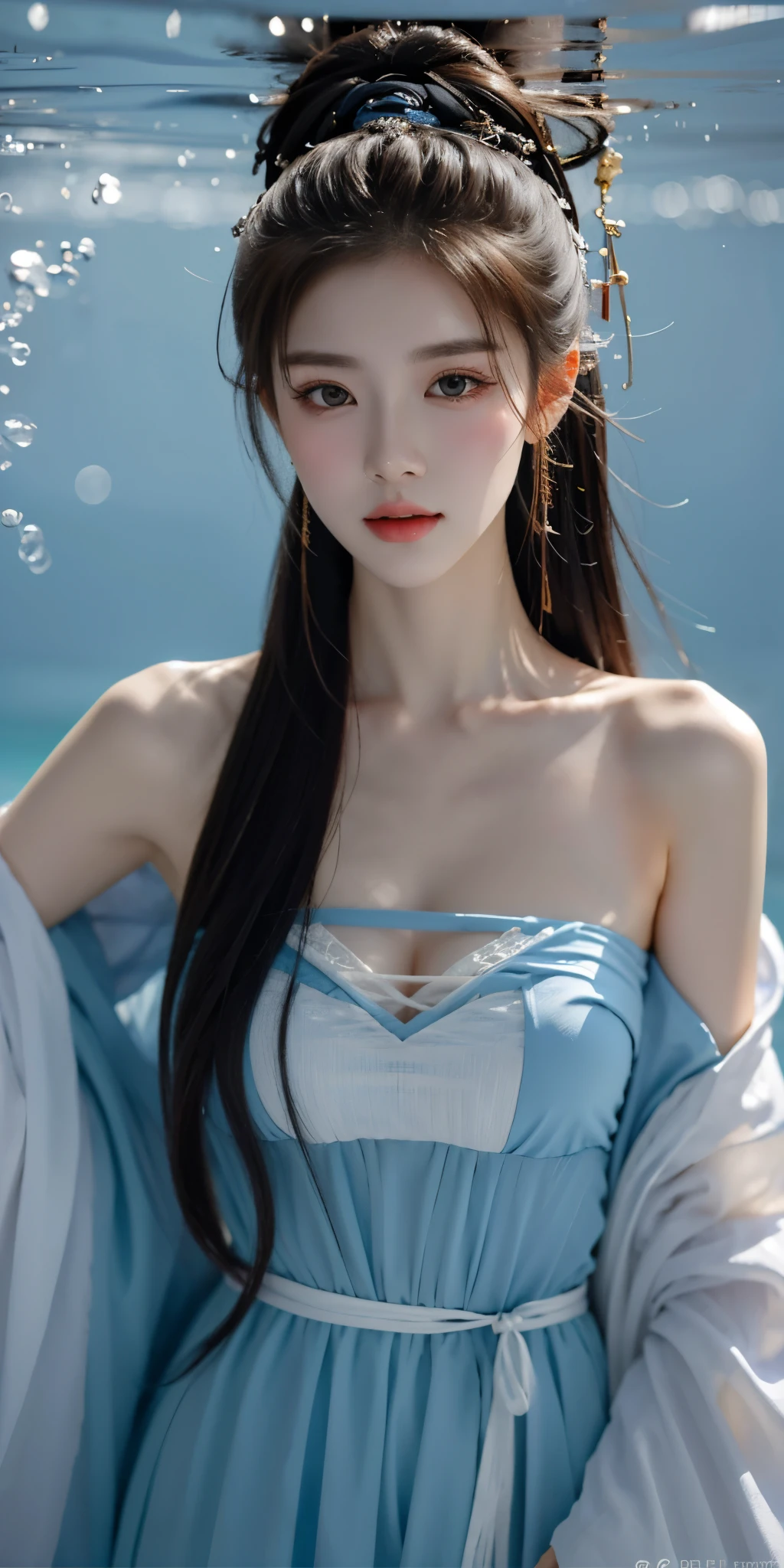 gufeng,bare shoulders,best quality，masterpiece，ultra high resolution，clear face,（Realism：1.4），RAW photos，cold light，Woman underwater，Full body image，wallpaper anime blue water，Gurwitz-style artwork，Close-up fantasy of water magic，author：Yang Jie，Gurwitz，A beautiful artistic illustration，Water Nymphs，Beautiful digital artwork，Beautiful digital illustration，Li Song，A beautiful anime portrait，Bovo&#39;s art style