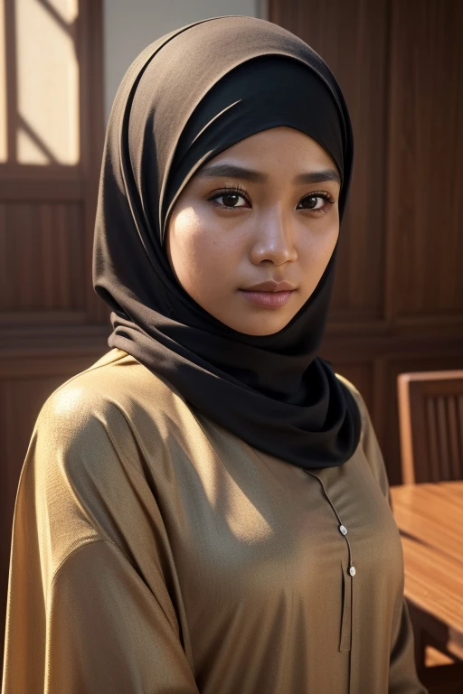 (best quality,4k,8k,highres,masterpiece:1.2),ultra-detailed,(realistic,photorealistic,photo-realistic:1.37),portrait, indonesian woman, simple hijab, standing beside empty table, detailed , serene expression, graceful pose, soft lighting, vibrant colors