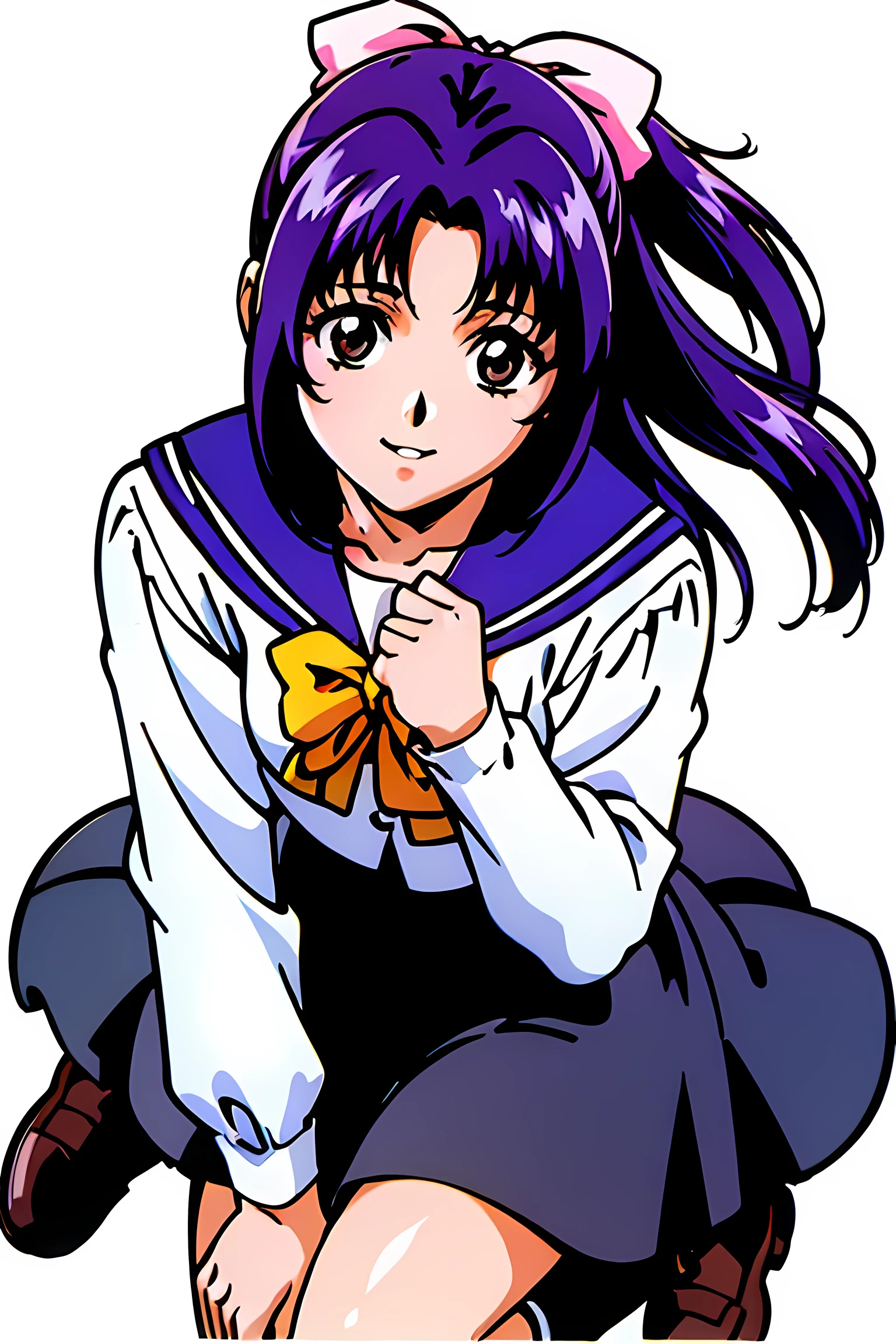 (highest quality:1.3),(ultra-be familiar with:1.5),High resolution,extremely be familiar with CG,unity 8k wallpaper,official art,be familiar with,super be familiar with skin,perfect anatomy,beautiful be familiar with eyes,(anime screenshot:1.1),(((high color saturation:1.6))),(((high brightness:1.7))),very delicate and beautiful,90s anime,90s anime style,cel shaded anime,1 girl,((koigakubomomoko:1.5)),((school uniform, sailor suit,long sleeve,skirt,:1.3)),shoes下,shoes,茶色のshoes,long hair,hair ribbon,pink ribbon,knee high,loafers,smile,brown eyes,purple hair,bangs,in spring,classroom,school gate,summer,