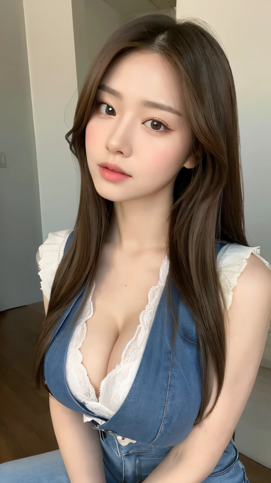 nsfw，8k，（lifelike， high resolution：1.3）， 1 girl with perfect figure， The face shape and eyes are super delicate，long hair， random color vest：1.2， short jeans， huge breasts，Showing cleavage