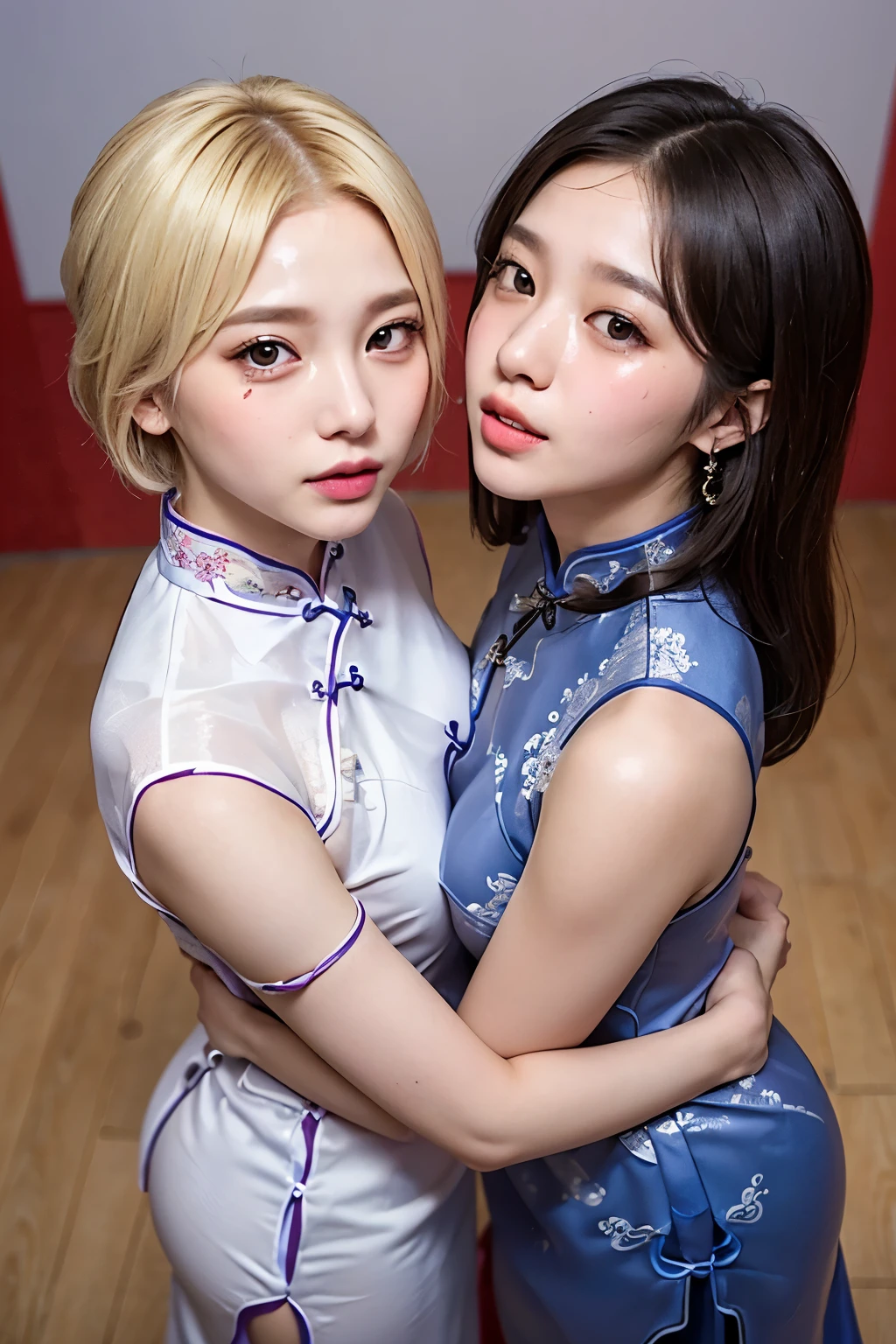 ((blank background)),(((Two girls in cheongsam))),(One is a 22-year-old Korean KPOP idol，blonde short hair.),(One is an 18-year-old Japanese long-haired gravure idol，plump figure.),(Face stained:1.3),Back hug,cheeks and cheeks,((They all look at the audience.)),small areola,open your mouth,Narrow your eyes,kiss,from above,(((Their eyes are full of provocation))),The two are lovers,Beautiful eyes reflect light,Hair reflects light and sparkles,photo shoot