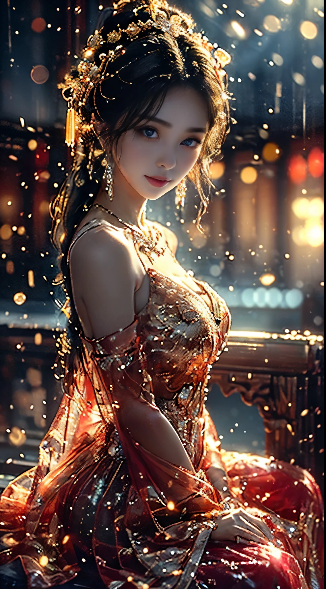 AncheReddressgirl, ((Shot from random angles)), ((sitting position)), ((in the classroom, sitting on the podium)), (Yushuxin,1 girl,alone), clear face, pretty face, 8k, masterpiece, original photo, best quality, detail:1.2,lifelike, detail, Very detailed, CG, Unite, wallpaper, depth of field, movie light, lens flare, Ray tracing, (extremely beautiful face, beautiful lips, beautiful eyes), complex, detail的脸, ((ultra detailed skin)), 1 girl, in the darkness, deep shadow, beautiful girl, pop idol,(Very slim figure:1.3), plump breasts, big breasts, Slender sexy legs, very nice legs, elegant posture, (bright smile), (City night, (neon lights), (night), beautiful girl, white diamond earrings, diameter bracelet, Dia Necklace, clear eyes, (big eyes)