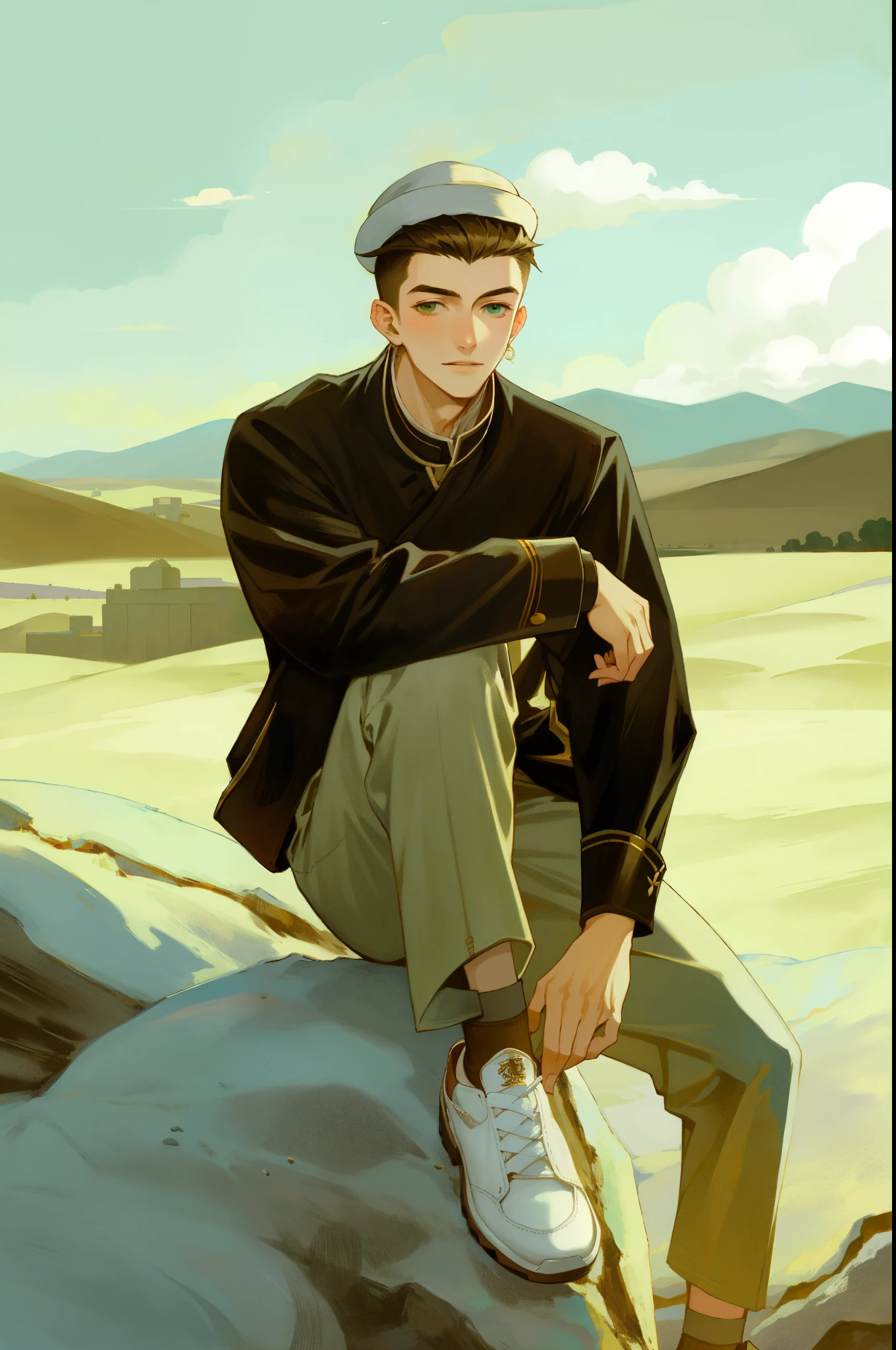 Alafid man sitting on rock, high quality portraits, Tommy 1 6 years old, desert background, Male teenager wearing hat, Anatole Finn table, medium shot portrait, Anton Fedeev, Raphael Persenaz, the river before him