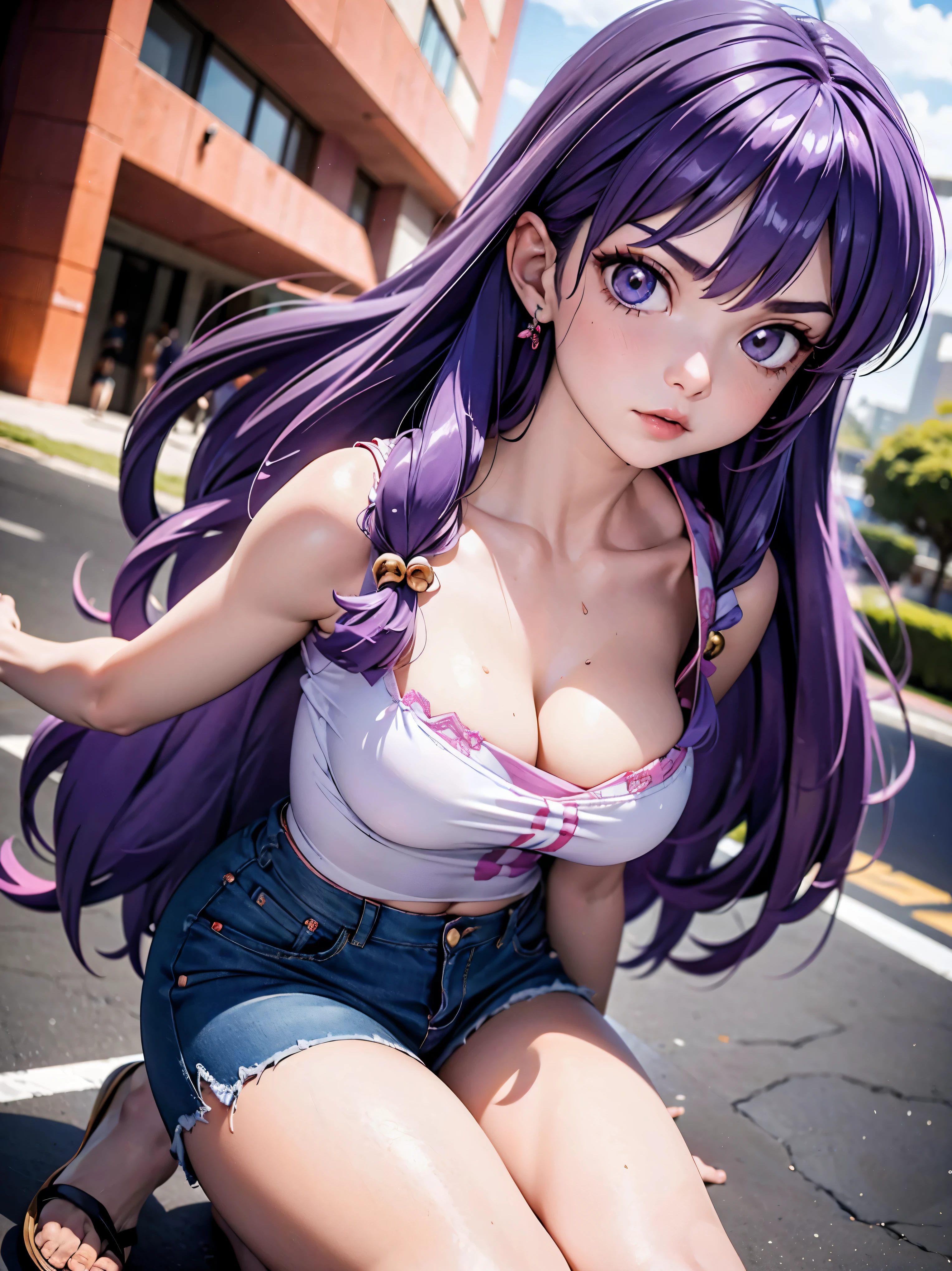 Anime cabelo purple com short jeans e blusa rosa brilhante, 17 anos, corpo bonito, seios grandes, com as hands on chest, hands on chest, Garota sexy, purple cabelo, mechas de cabelo laterais, mechas de cabelo na lateral do rosto, beautiful lighting, sombras suaves, olhos azuis, pernas bonitas, cabelo longo purple, estilo anime, personagem Shampoo Chan, Autora Rumiko Takahashi, Baseado em obra de Rumiko Takahashi, Anime Ranma 1/ 2, decote sexy, quadril robusto, corpo inteiro, corpo inteiro, busto grande, garota jovem com corpo belo e bonito, sandals on his feet, garota 17 anos jovem baixa estatura, usando short jeans e blusa rosa brilhante, garota anime, estilo anime, beautiful feet in sandals, 45° viewing angle, ao ar livre, peito grande, seios bonitos, cabelo purple, sandals on the feet, pernas bonitas, sexy