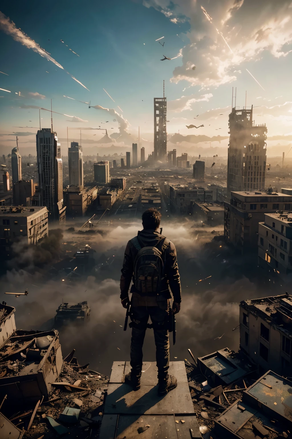 there is a man standing on a ledge looking at a city, Images inspired by Ismail Inceoglu, cgsociety contest winner, The art of math, Destroyed city in the background, In a post-apocalyptic environment, Wojtek FUS, in a post-apocalyptic wasteland, still from live action movie, 8K movie stills, Ruined city in the background, Still 8k
