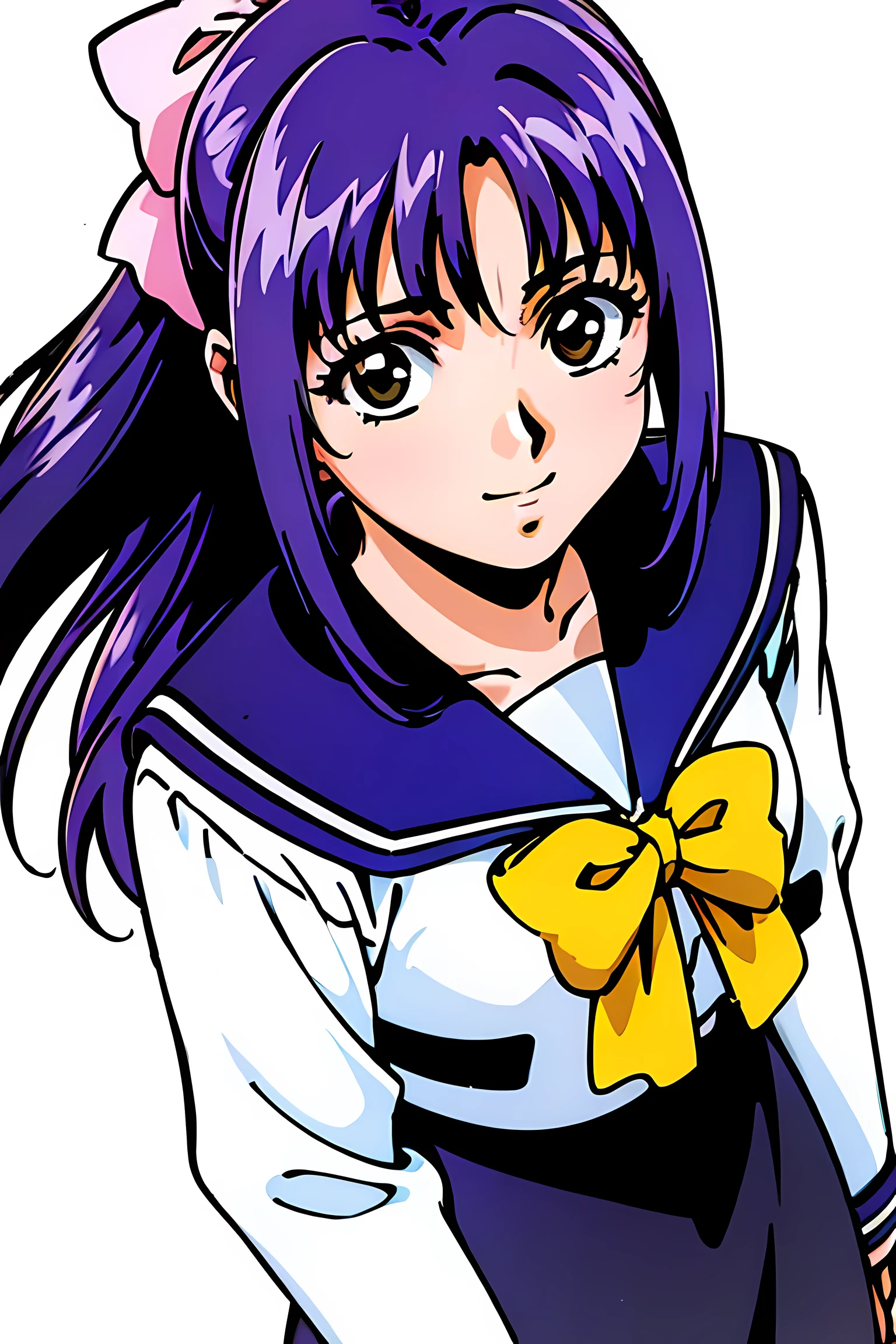 (highest quality:1.3),(ultra-be familiar with:1.5),High resolution,extremely be familiar with CG,unity 8k wallpaper,official art,be familiar with,super be familiar with skin,perfect anatomy,beautiful be familiar with eyes,(anime screenshot:1.1),(((high color saturation:1.6))),(((high brightness:1.7))),very delicate and beautiful,90s anime,90s anime style,cel shaded anime,1 girl,((koigakubomomoko:1.5)),((school uniform, sailor suit,long sleeve,skirt,:1.3)),shoes下,shoes,茶色のshoes,long hair,hair ribbon,pink ribbon,knee high,loafers,smile,brown eyes,purple hair,bangs,in spring,classroom,school gate,summer,