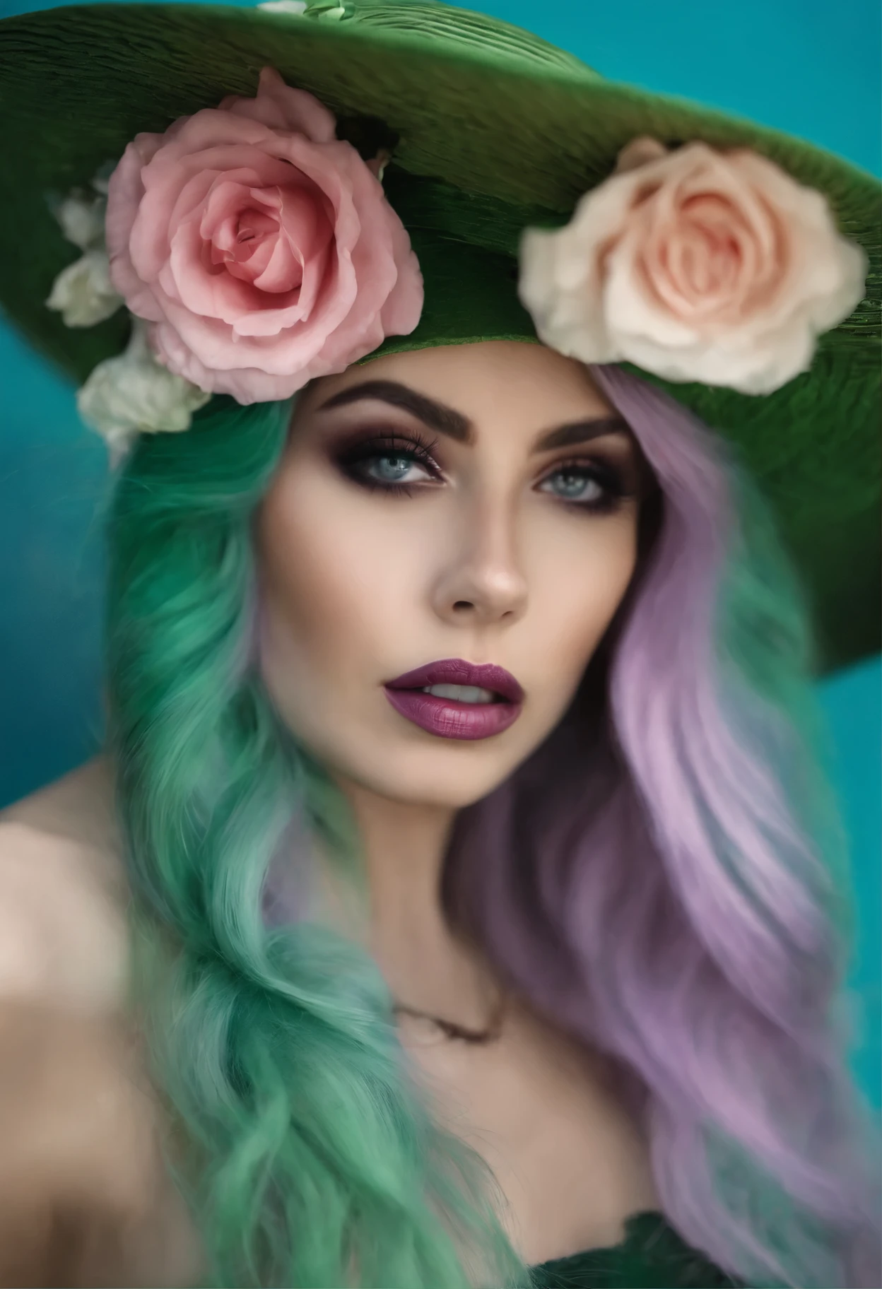 Woman with green blue long hair and hat. Kurzer schwarze Rck rosa Bluse. Magie